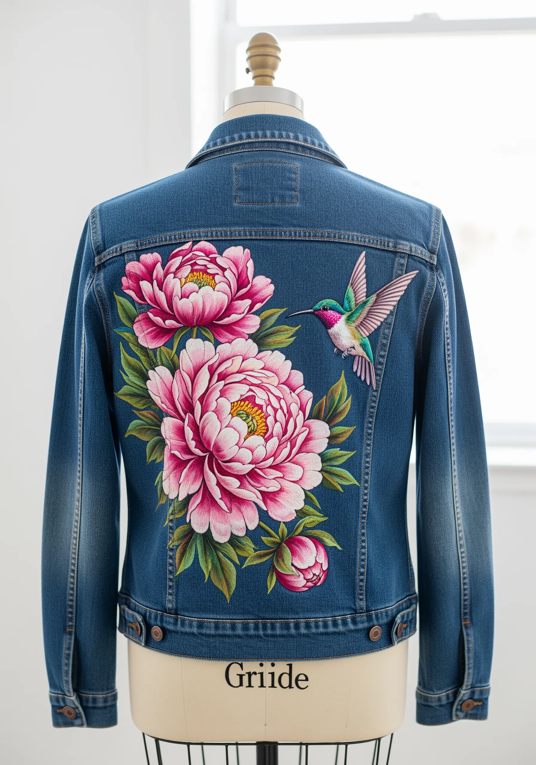 Thread-painted pink peonies and a hummingbird on the back of a denim jacket.