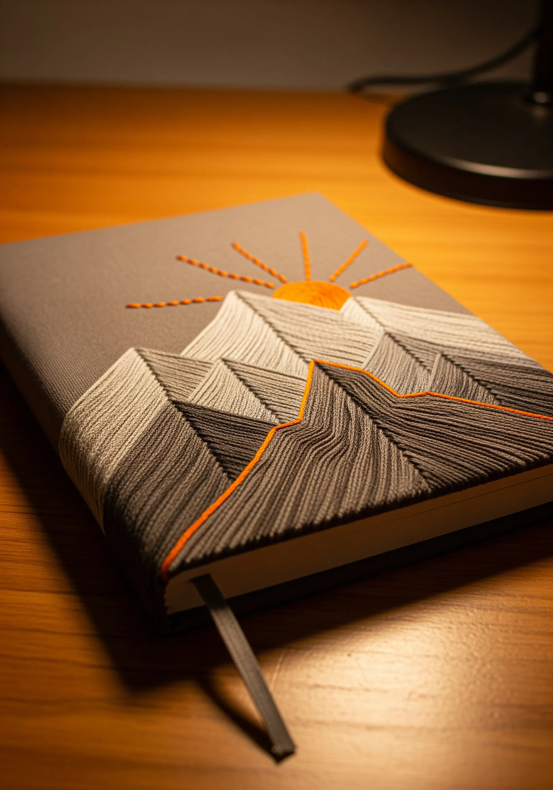 Embroidered mountain range on a journal cover using directional satin stitch.