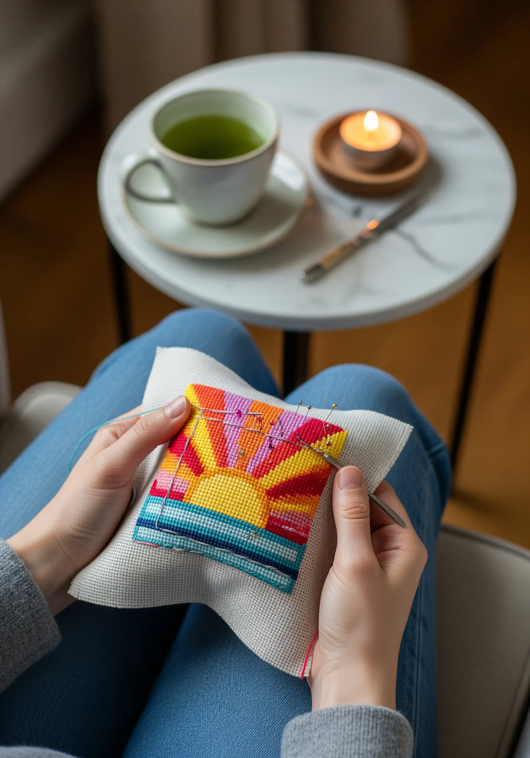 A needlepoint project showing a vibrant sunset over the ocean with blended colors.