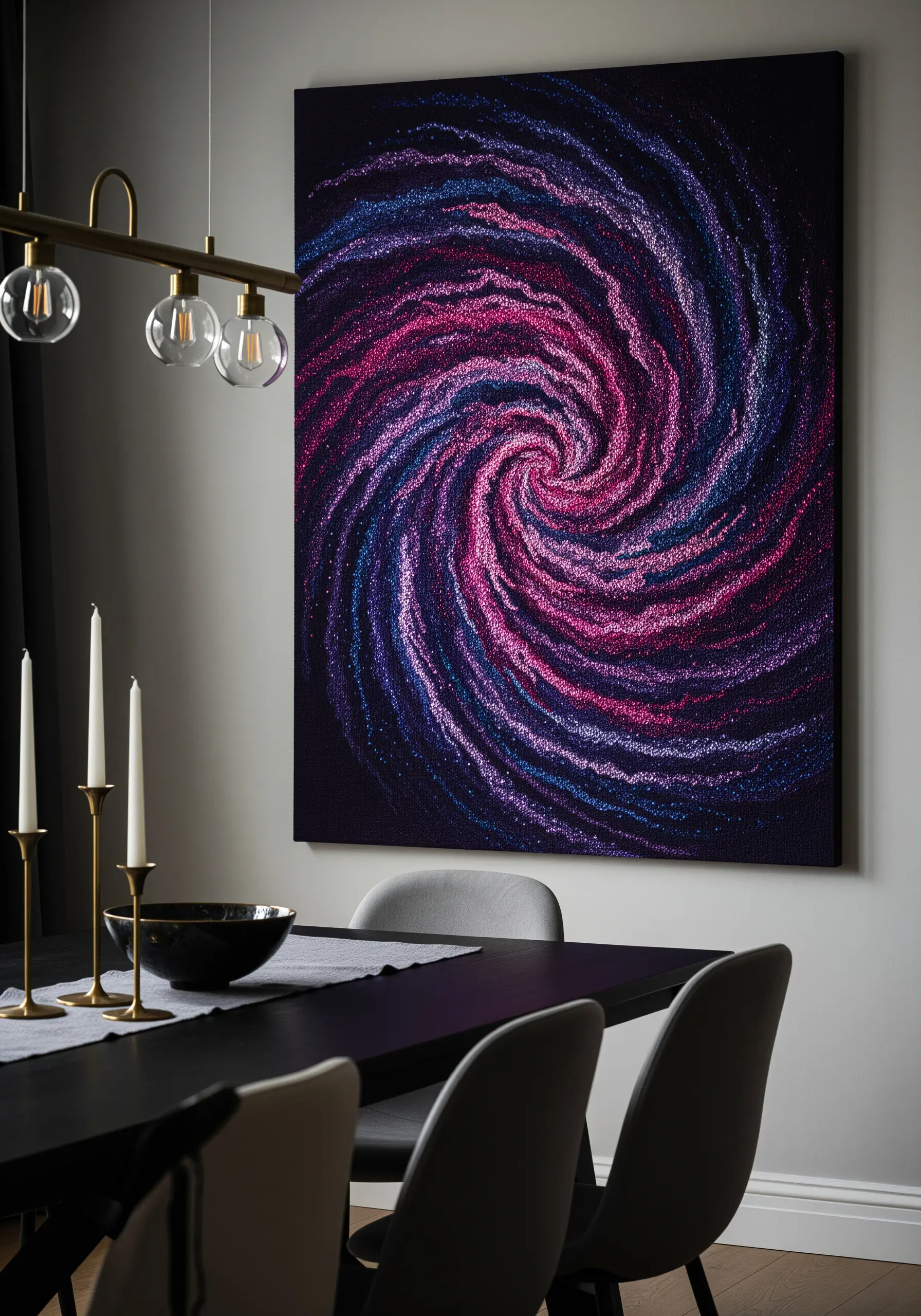 A large canvas filled with thousands of French knots in pink, purple, and blue, forming a galaxy-like swirl.