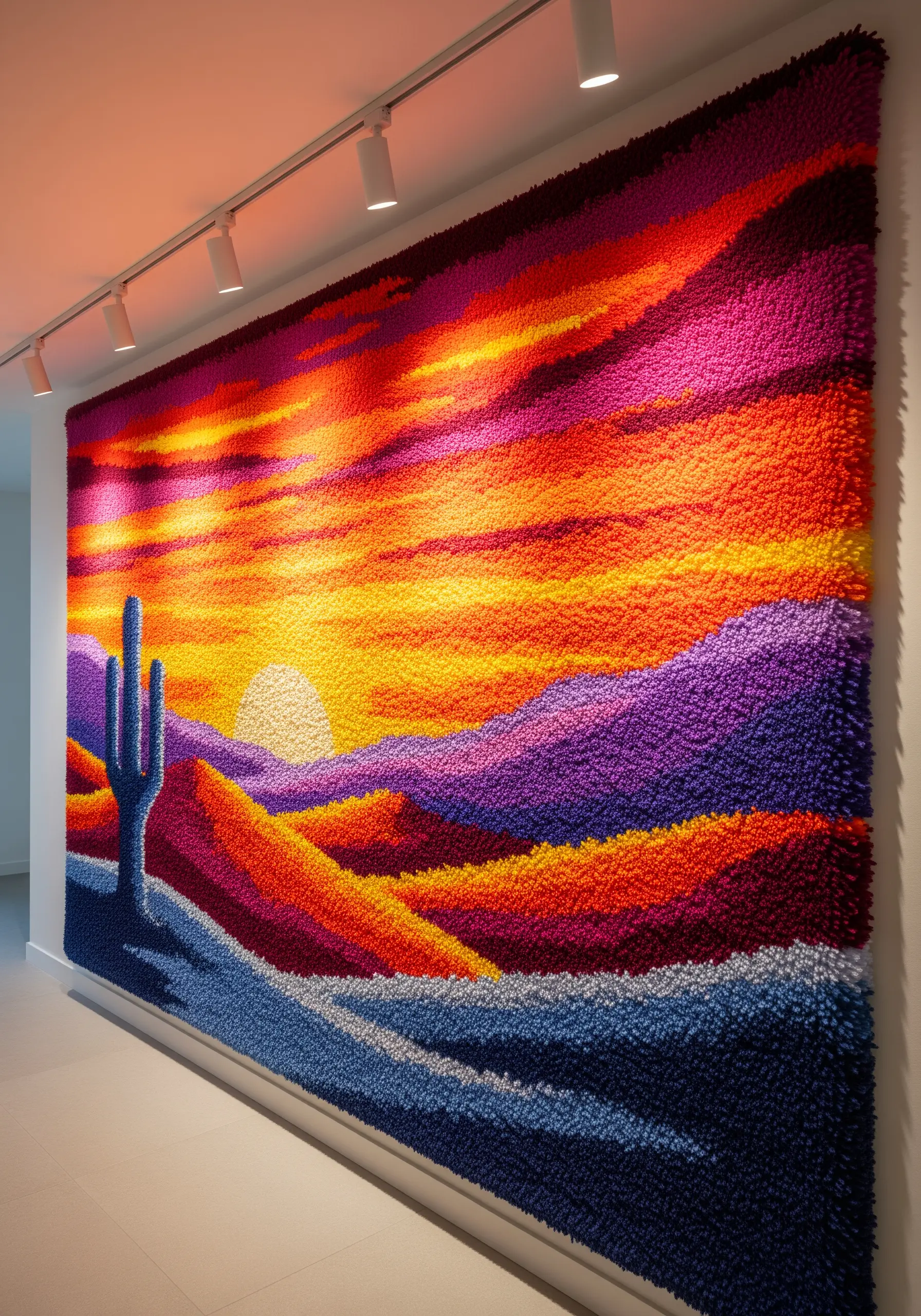 Large tufted wall tapestry of a desert sunset with vibrant orange, purple, and blue yarn.