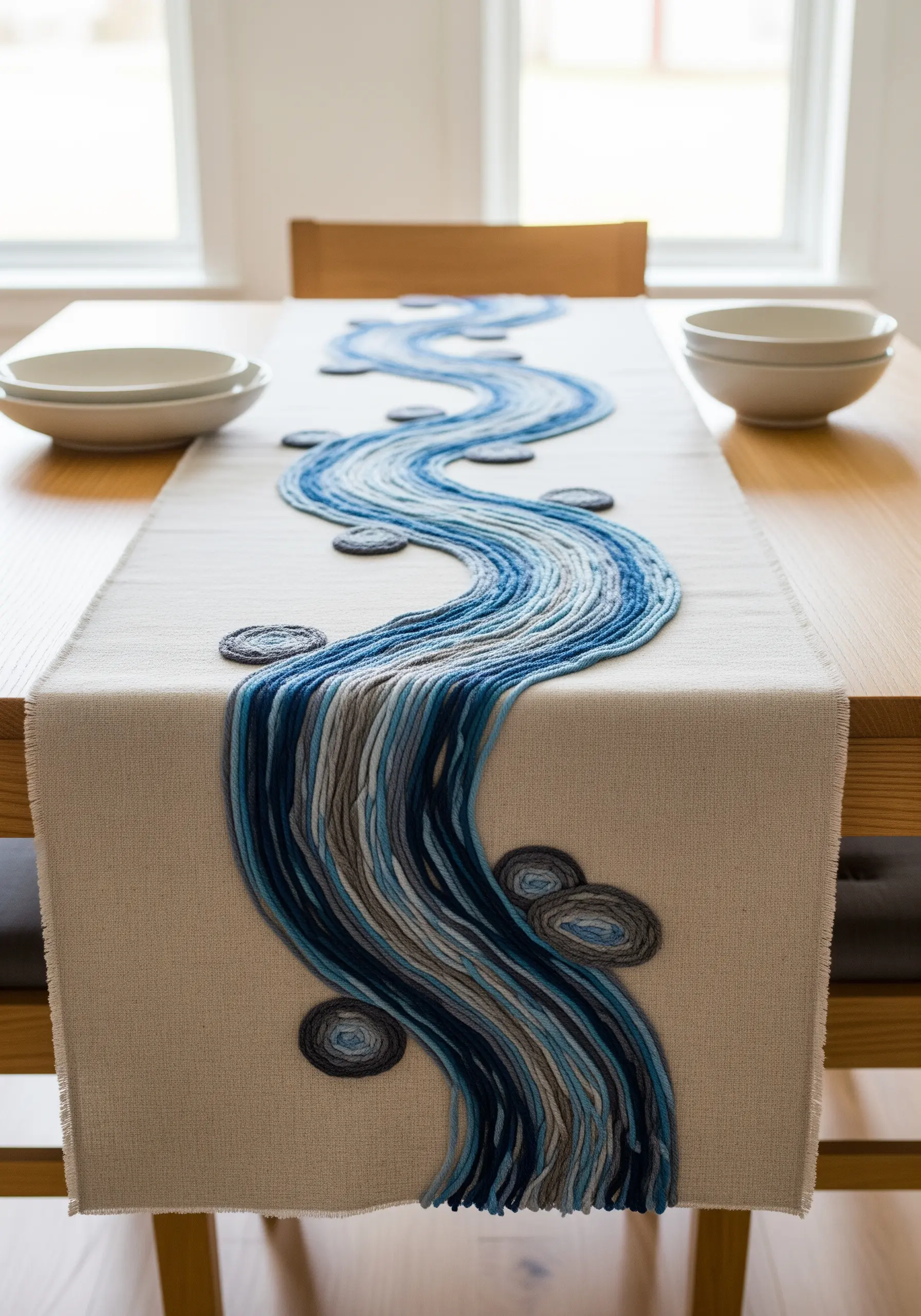 Table runner with a flowing river design made from couched blue and gray yarns.