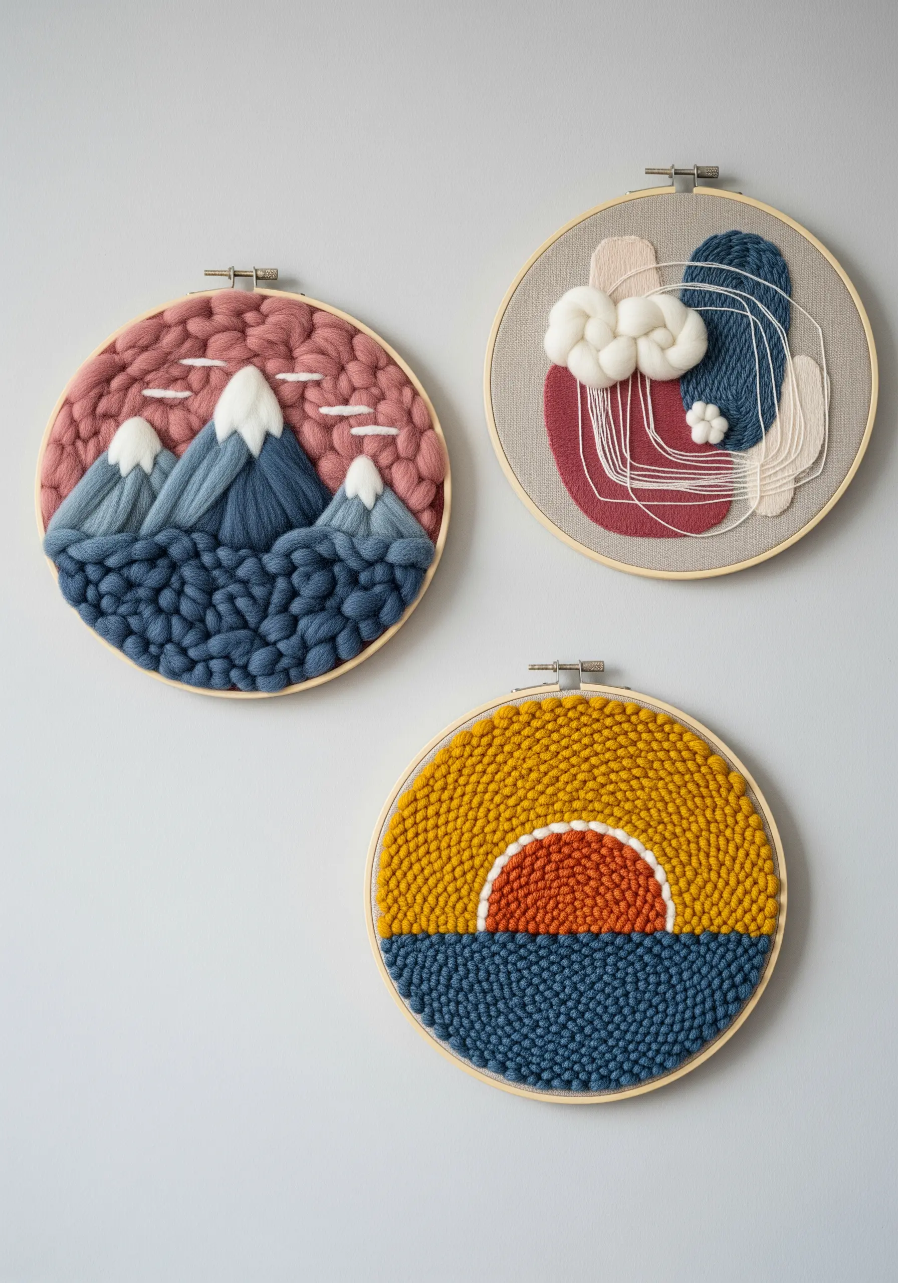 Triptych of punch needle hoops showing a mountain scene, abstract shapes, and a sunset.