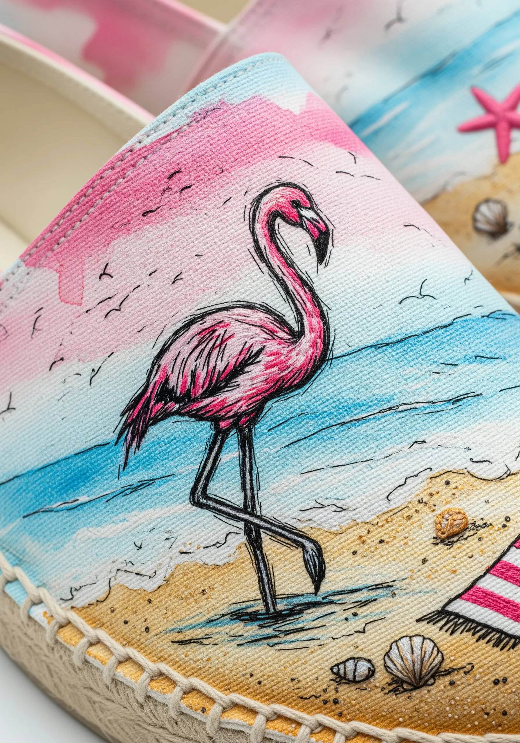 Embroidered and painted flamingo on canvas espadrille shoe