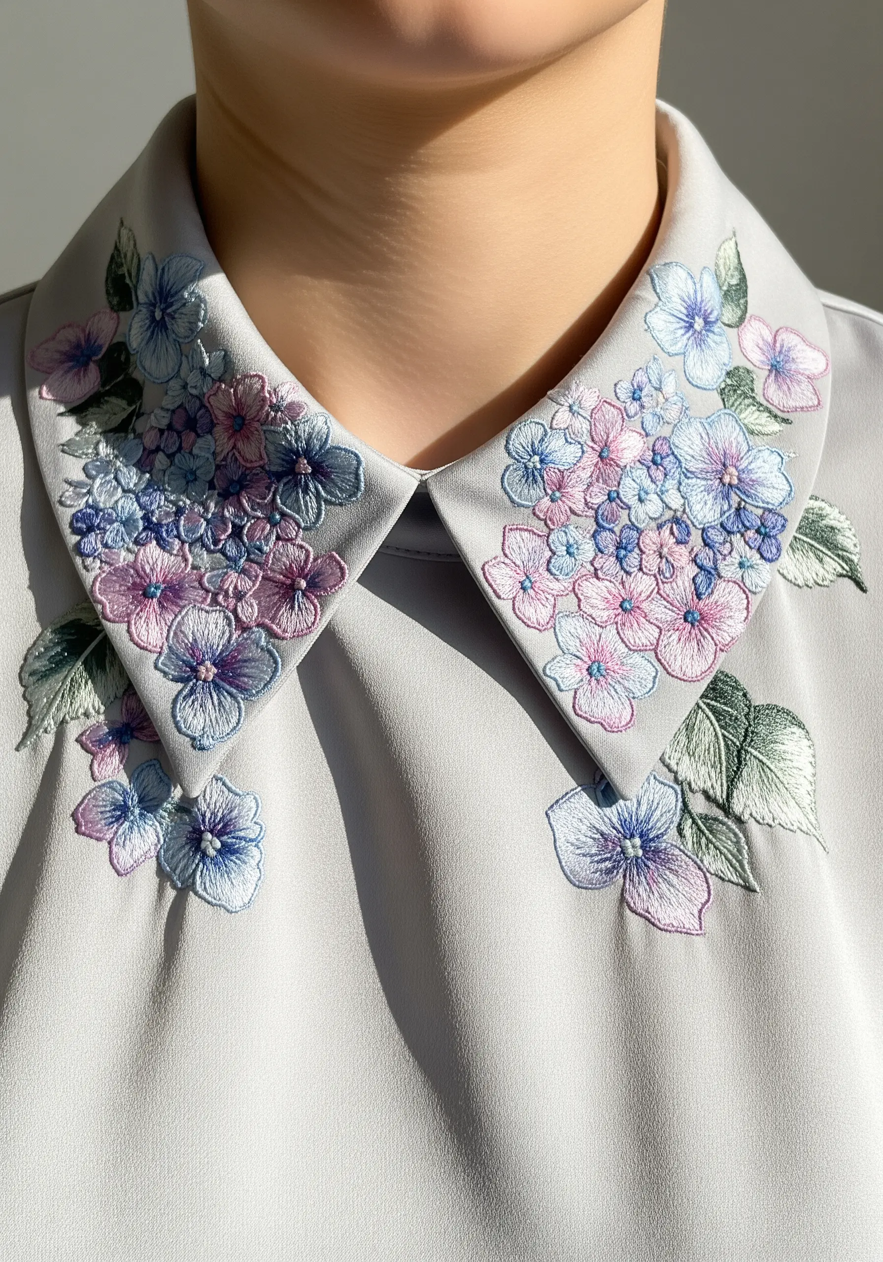 Lush hydrangea clusters in shades of blue, pink, and purple created with French knots.