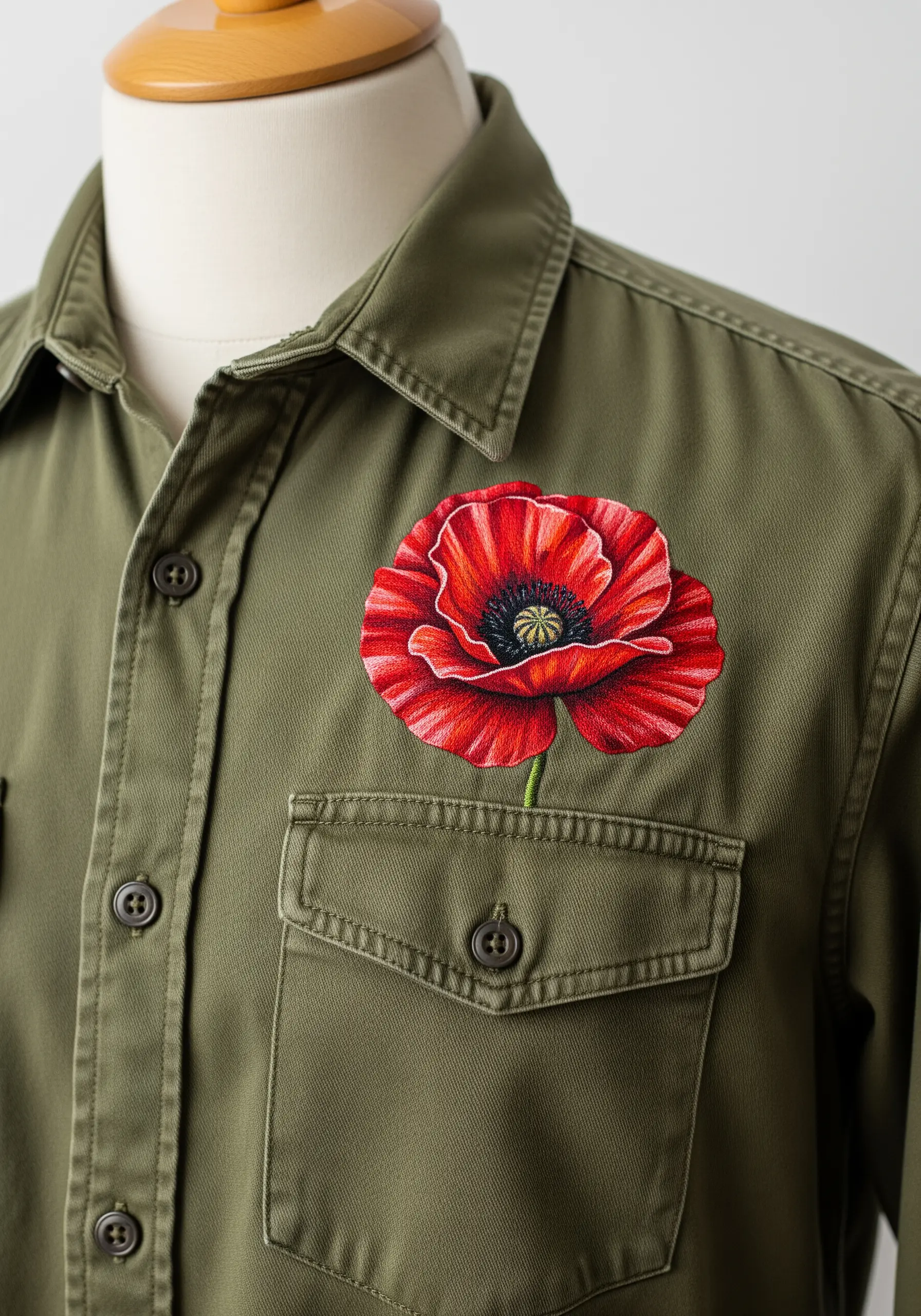 A single, large red poppy embroidered with realistic shading on an olive green shirt.
