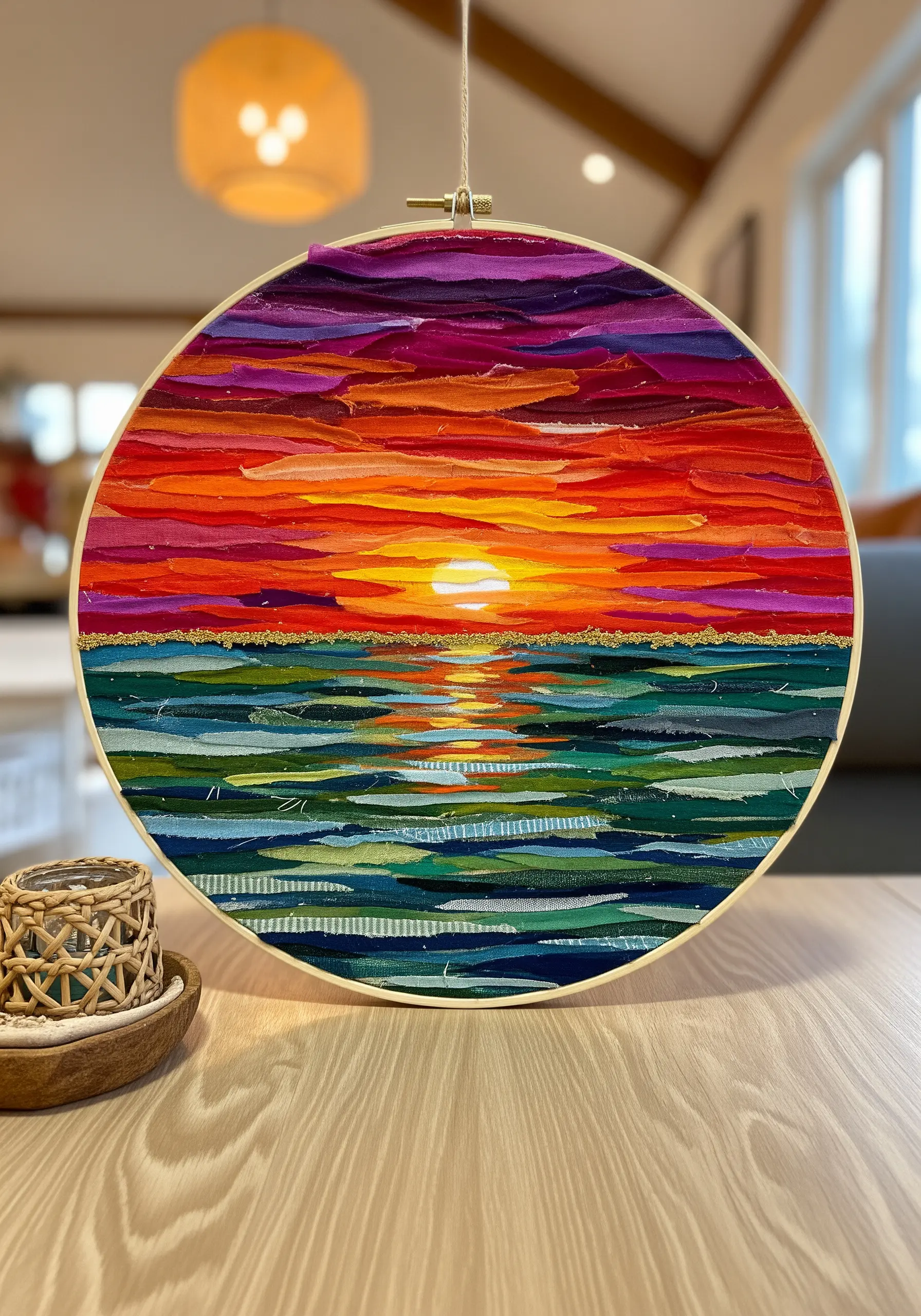 Hoop art depicting a sunset over water, made from layered strips of colored fabric scraps.