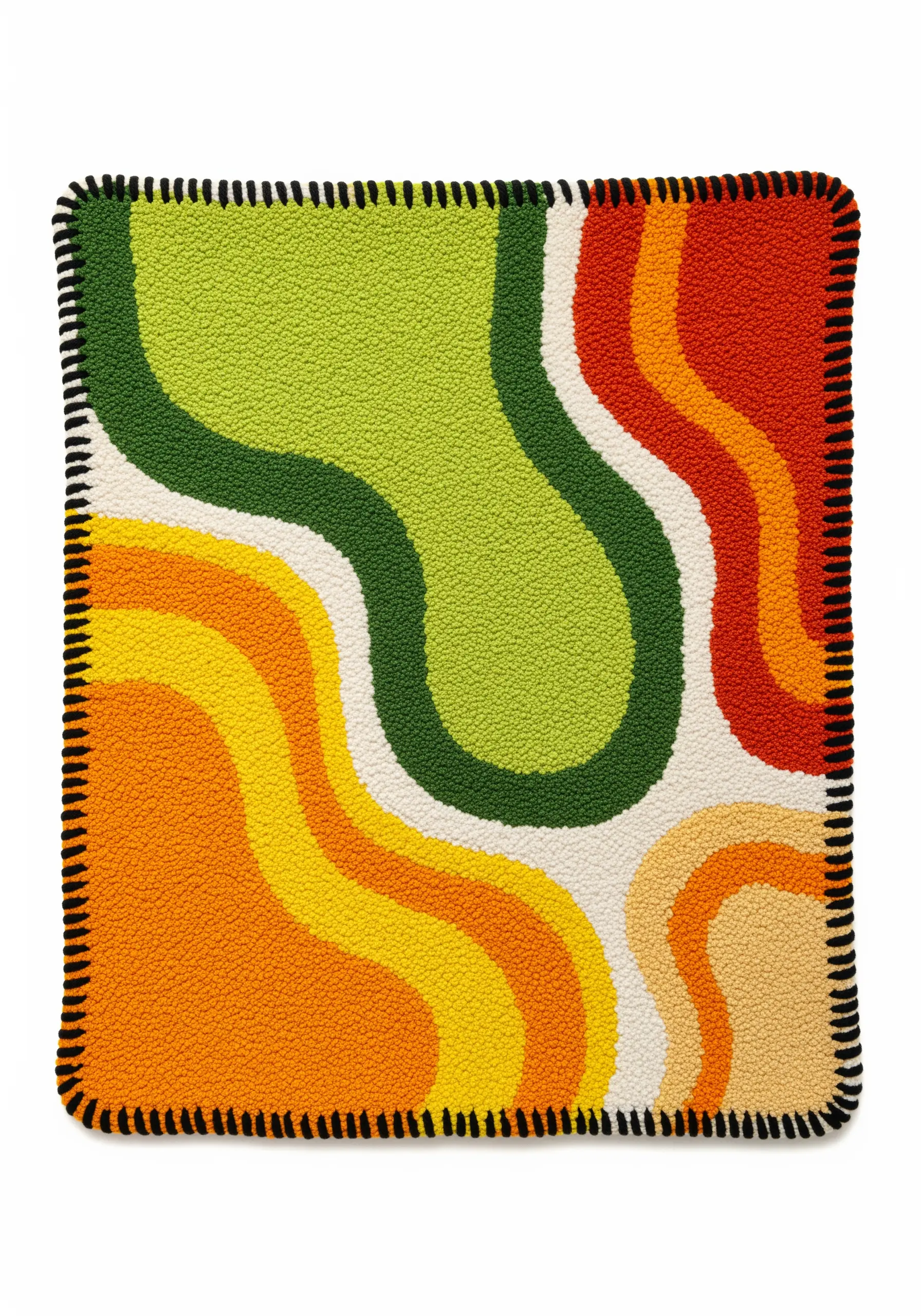 A punch needle piece with abstract, groovy waves of color in green, orange, and yellow.