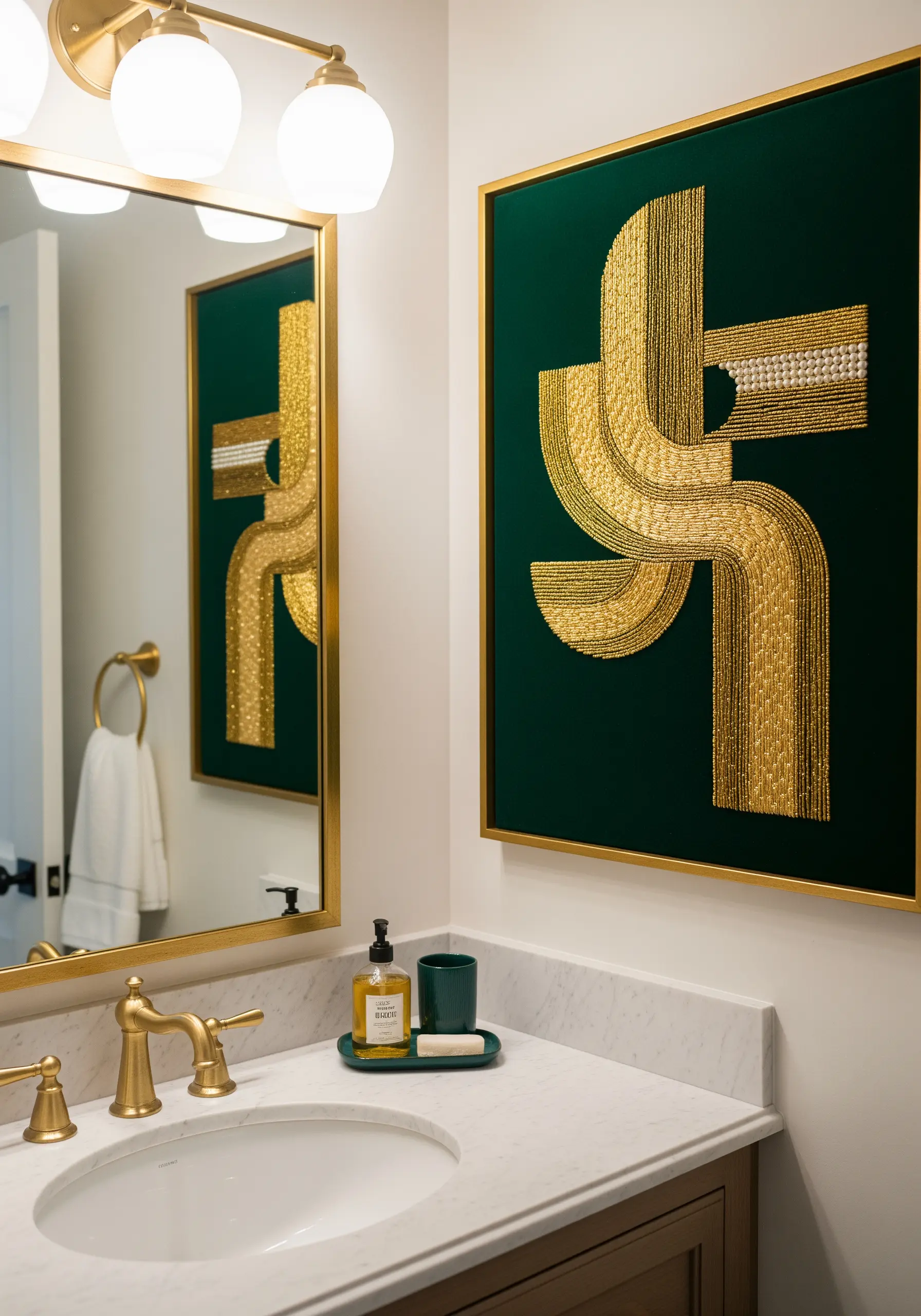 An abstract gold beaded and embroidered shape on a deep green background in a gold frame.