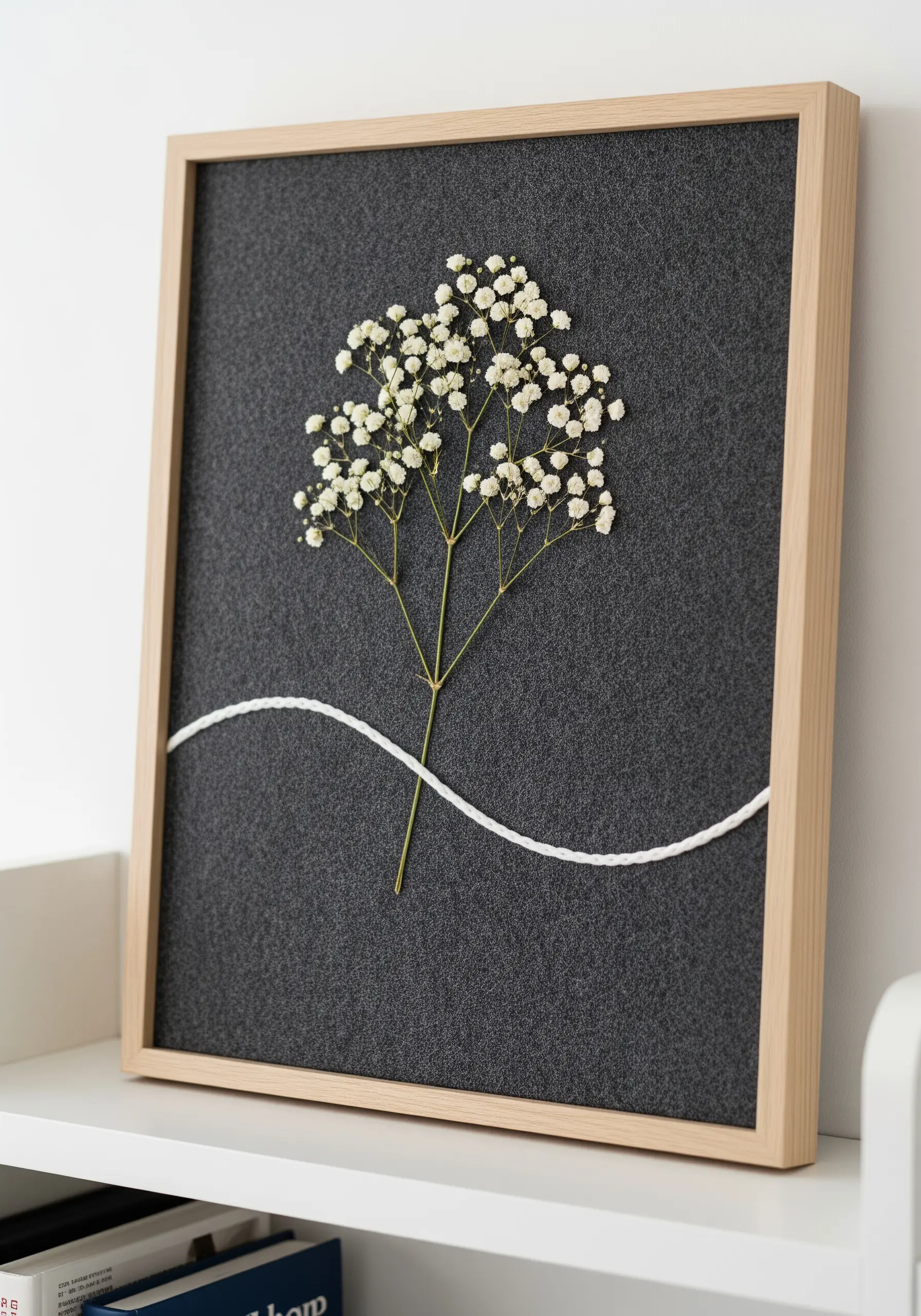 A sprig of pressed baby's breath on a dark grey felt background with a single white cord.