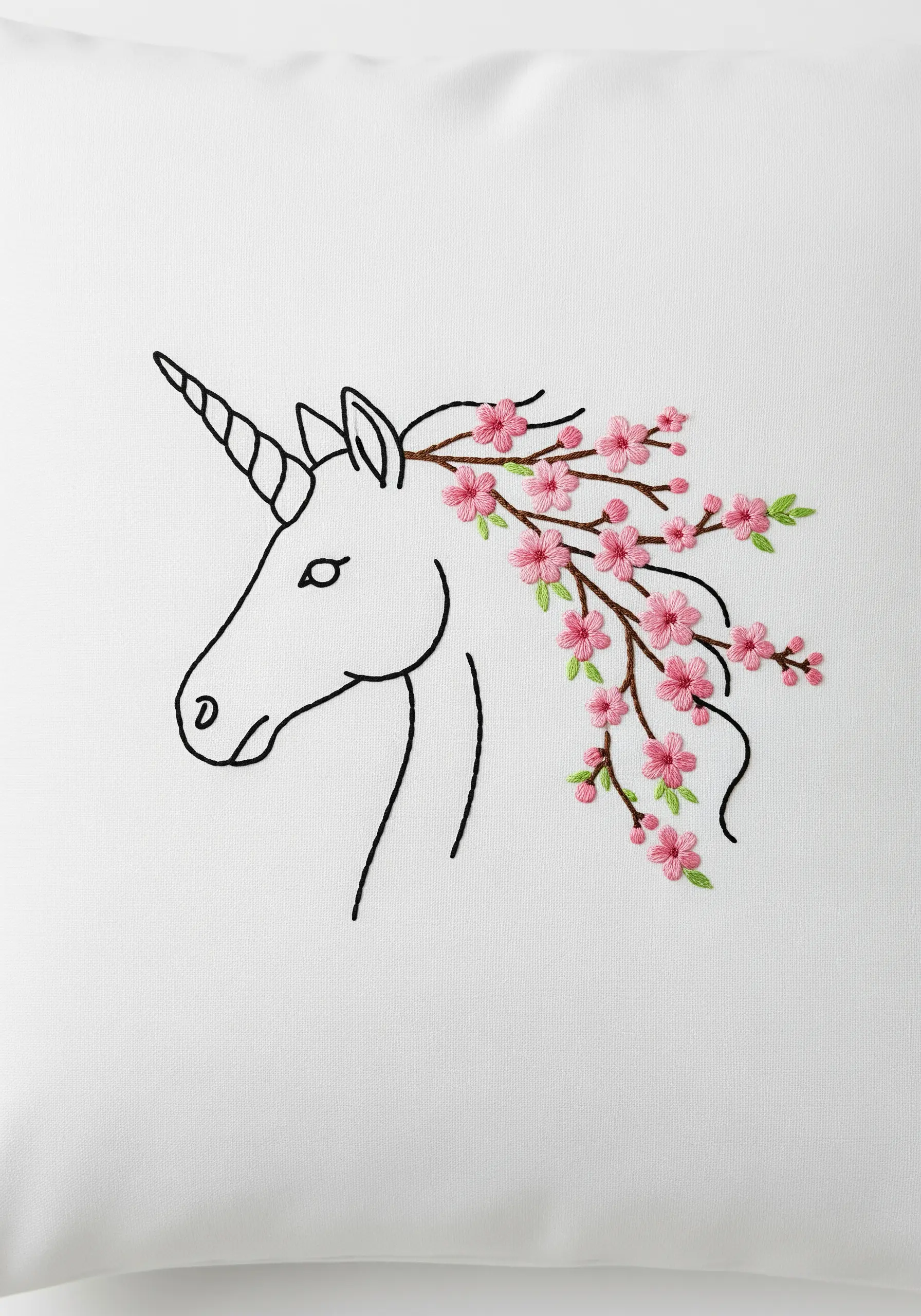 Minimalist line art unicorn with an embroidered mane of pink cherry blossoms.
