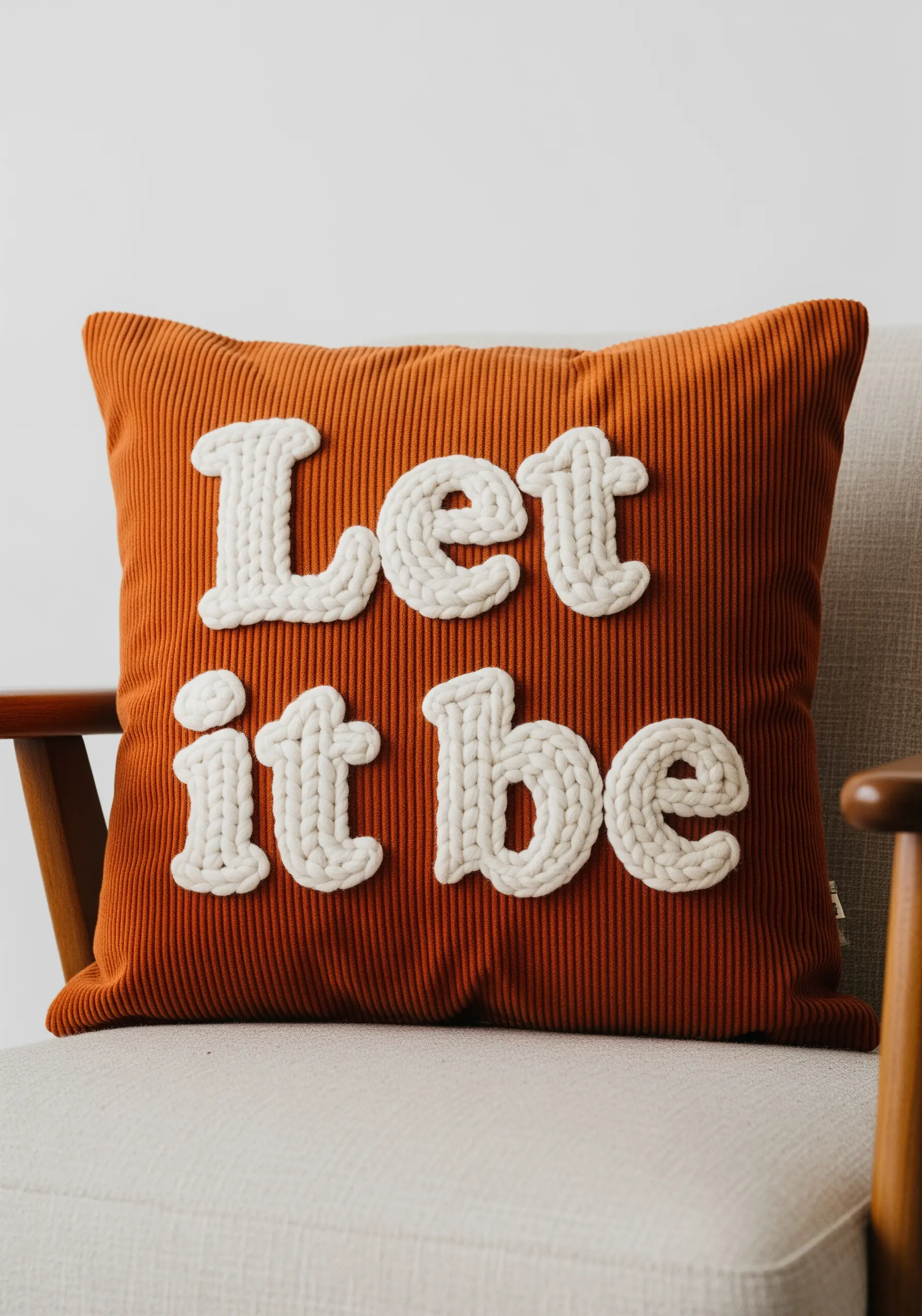 Thick, knitted-style white lettering on a rich, orange-brown corduroy pillow.
