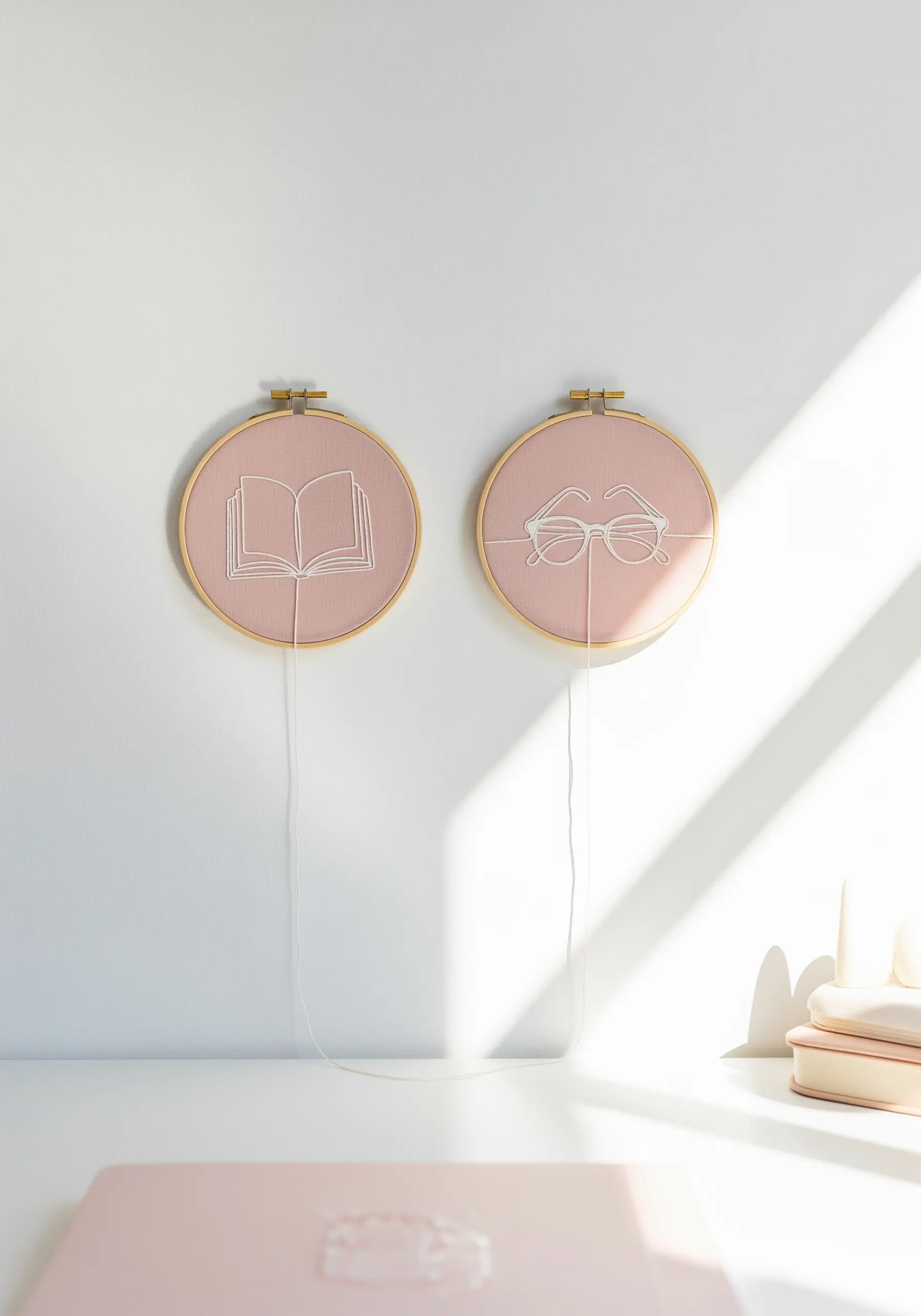 Two embroidery hoops on pink fabric, one with a book and one with glasses, linked by thread.
