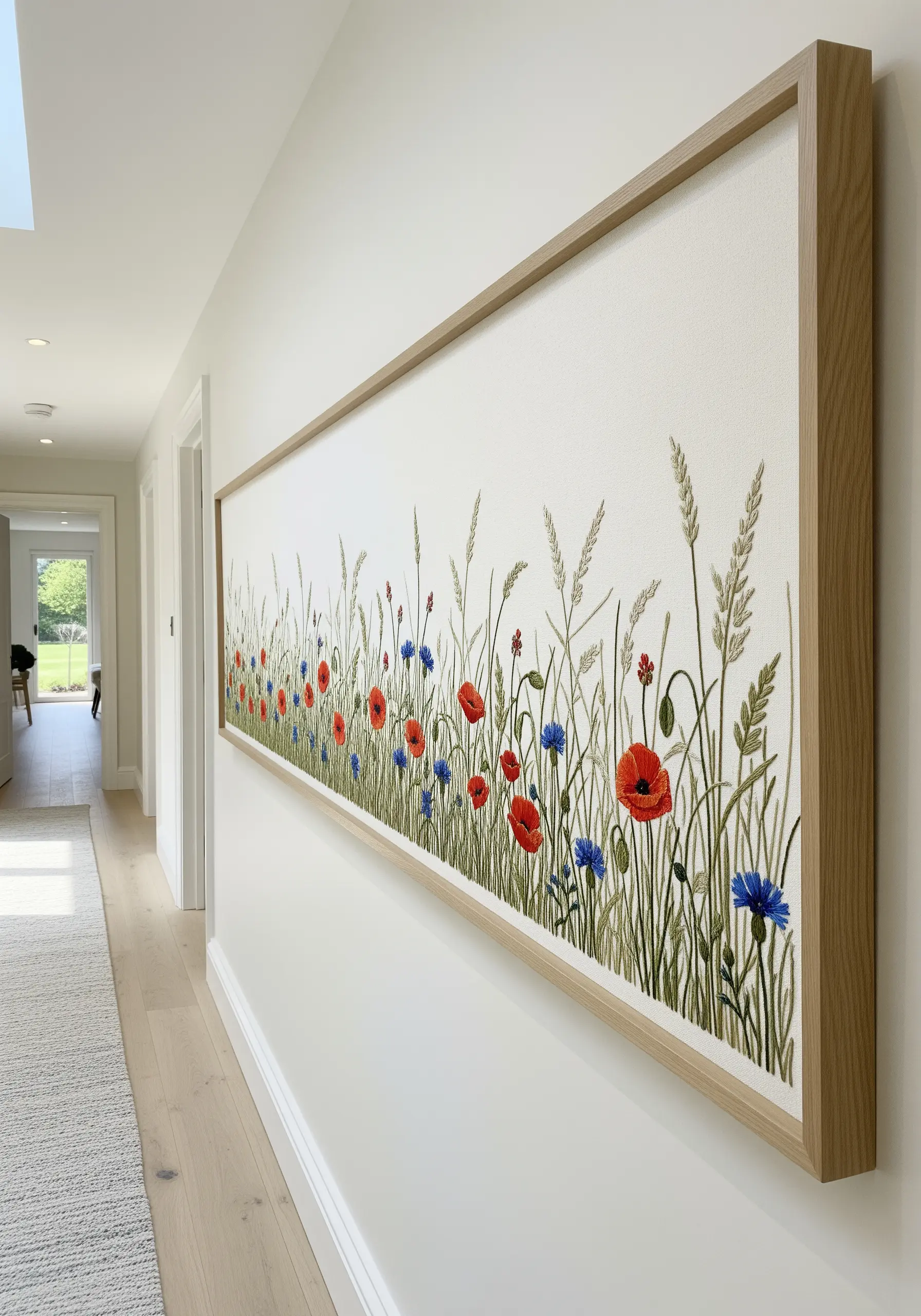 Wide horizontal wood frame containing a field of wildflowers and grasses