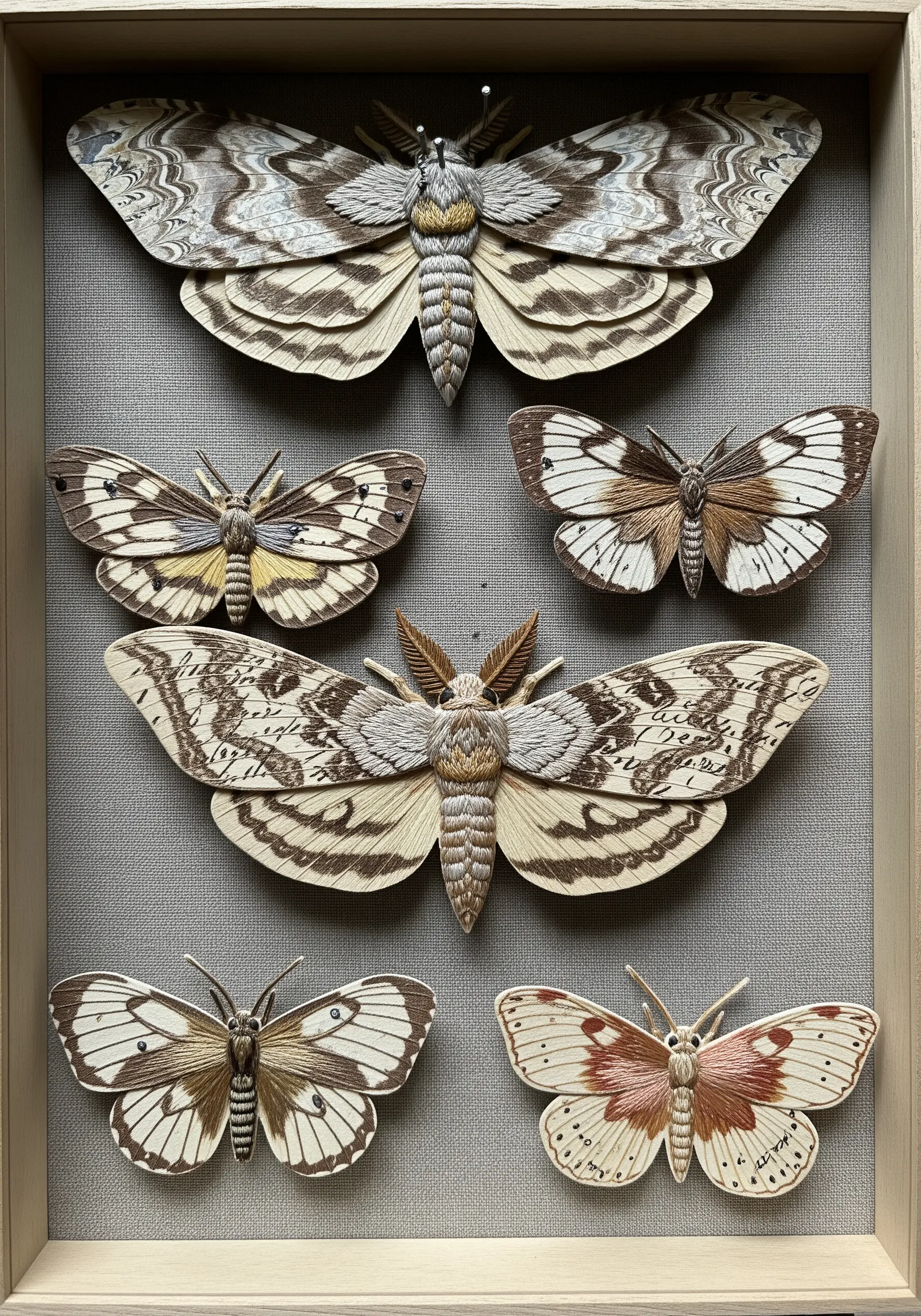 A collection of intricately crafted moths with paper wings and embroidered bodies.