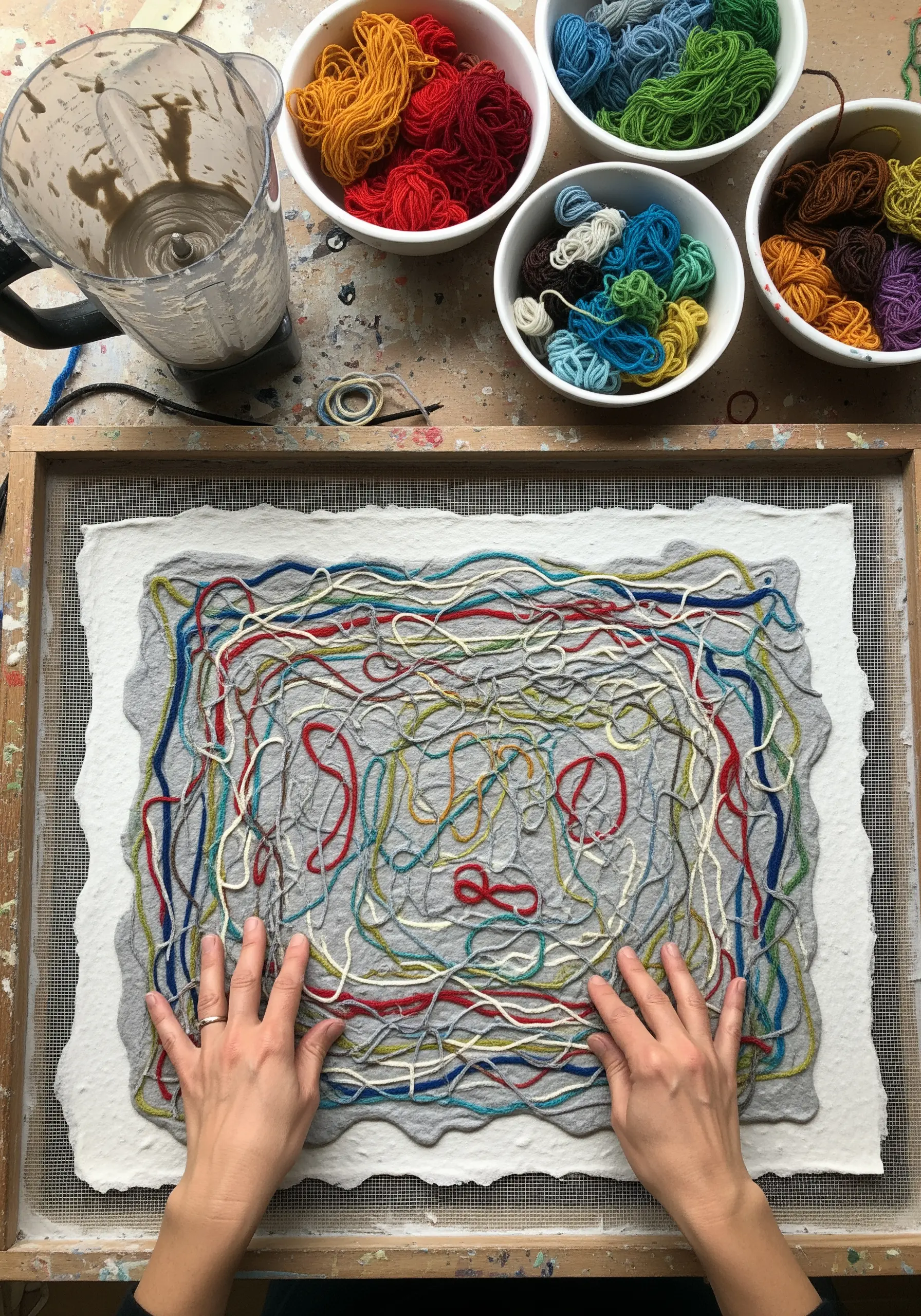 Colorful yarn being embedded into wet paper pulp on a screen during the paper-making process.