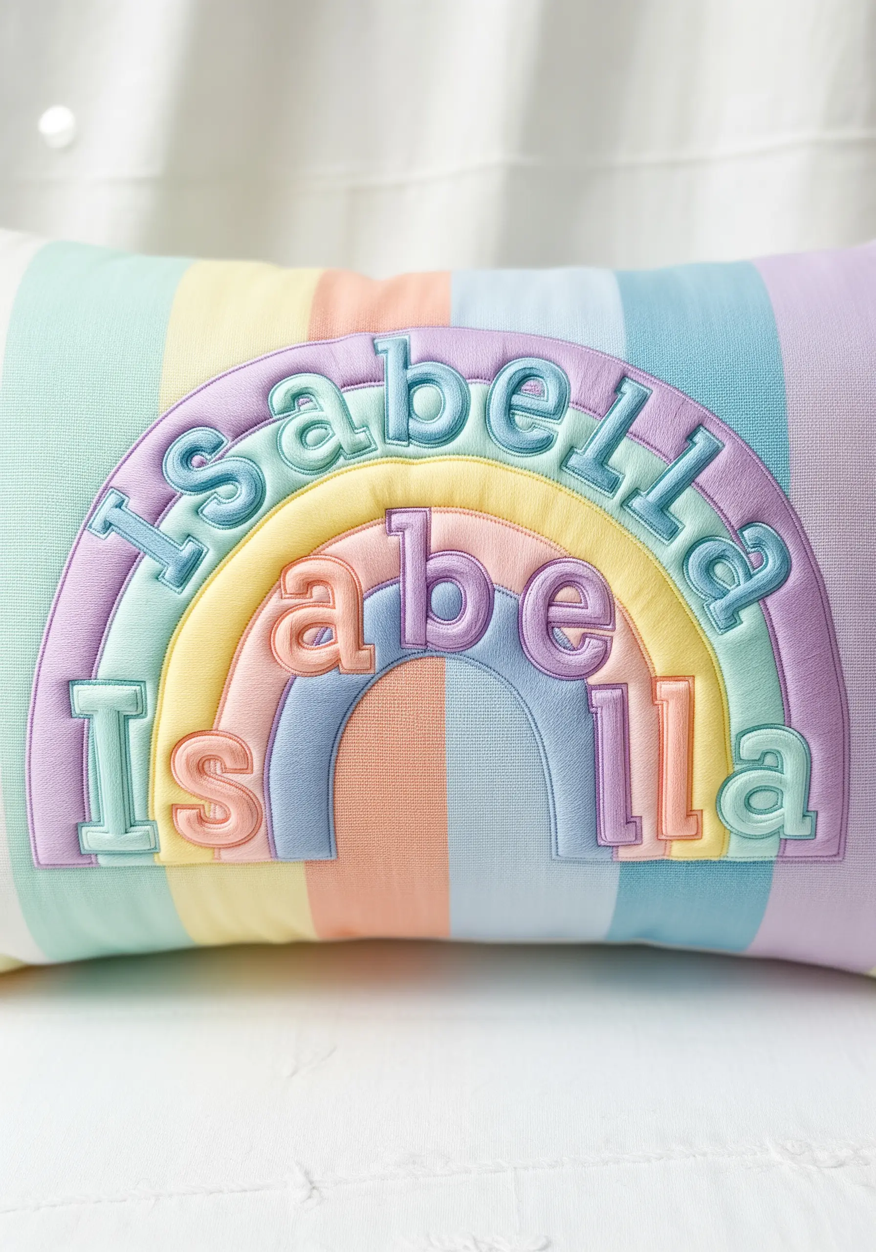 Pastel rainbow shaped pillow with name Isabella embroidered across