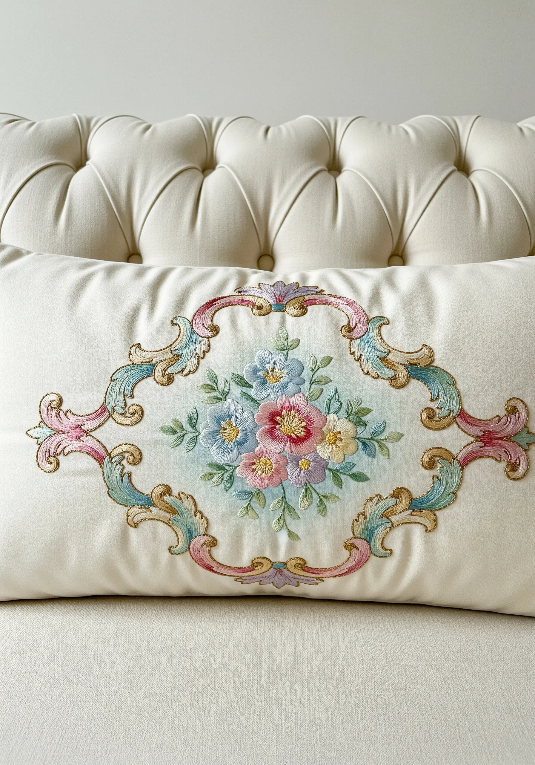 Pastel floral bouquet with a rococo-style frame embroidered on a cream cushion.