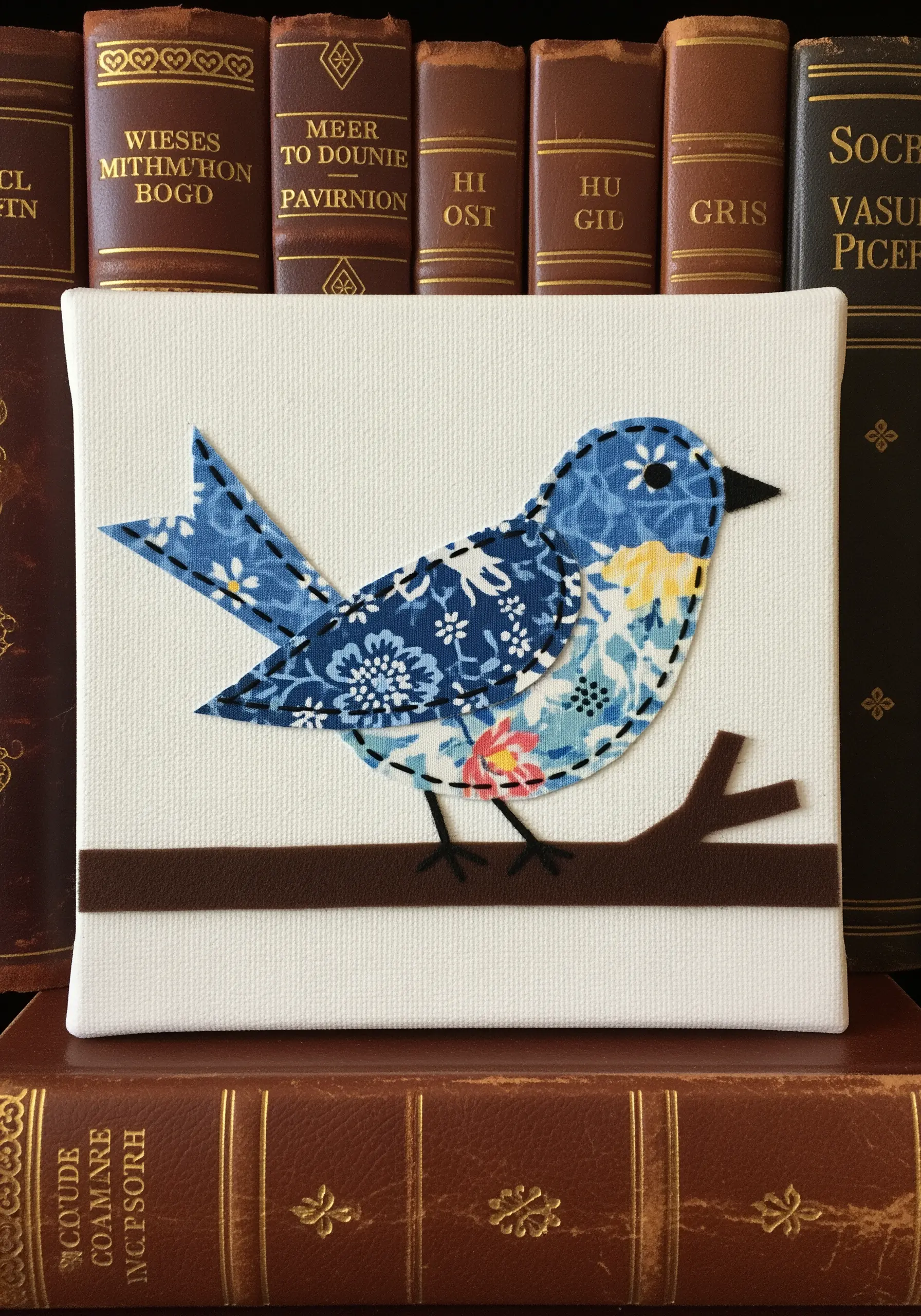 A bird appliqué created from a patchwork of different blue patterned fabric scraps.