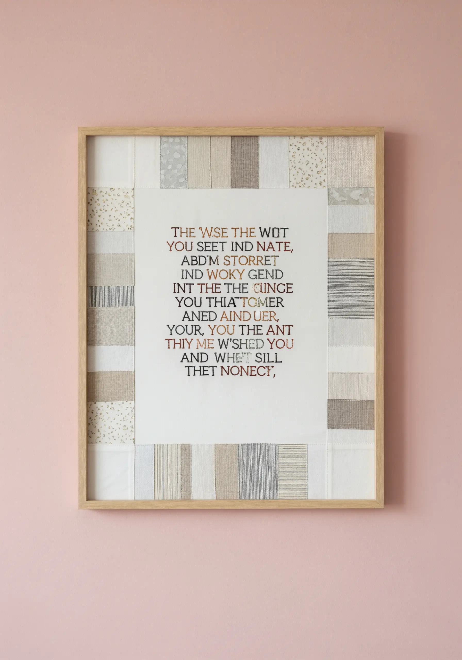 Embroidered text framed by a patchwork border of neutral-toned fabric scraps.