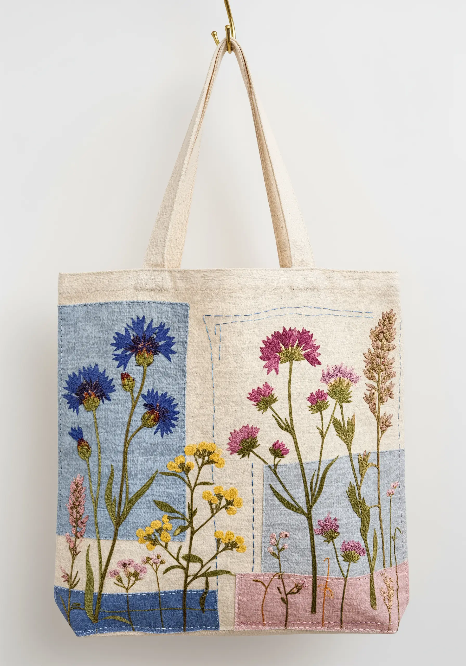 Tote bag with patchwork squares and various wildflowers embroidered over the top.