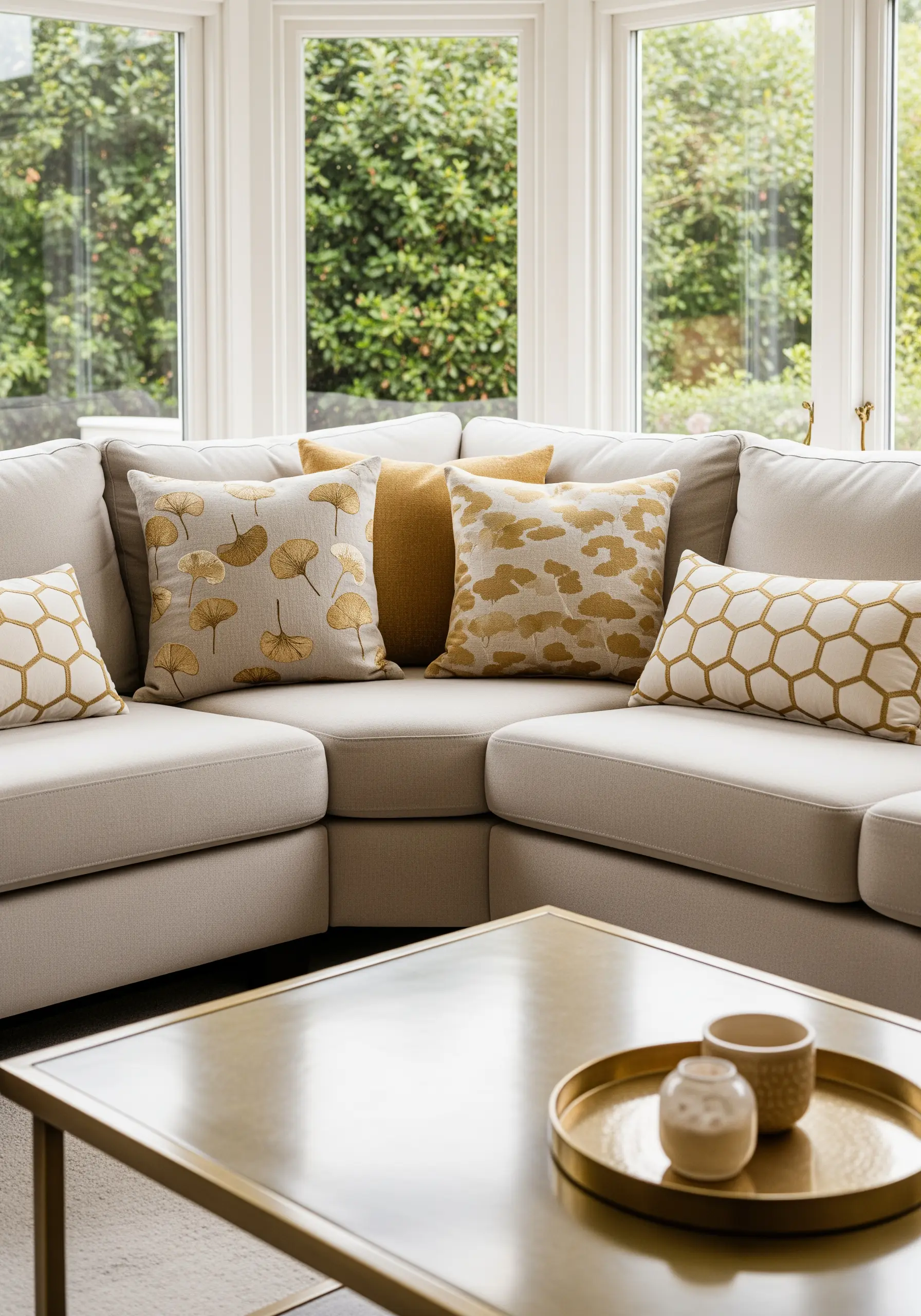 Collection of beige and gold cushions with ginkgo and honeycomb patterns.