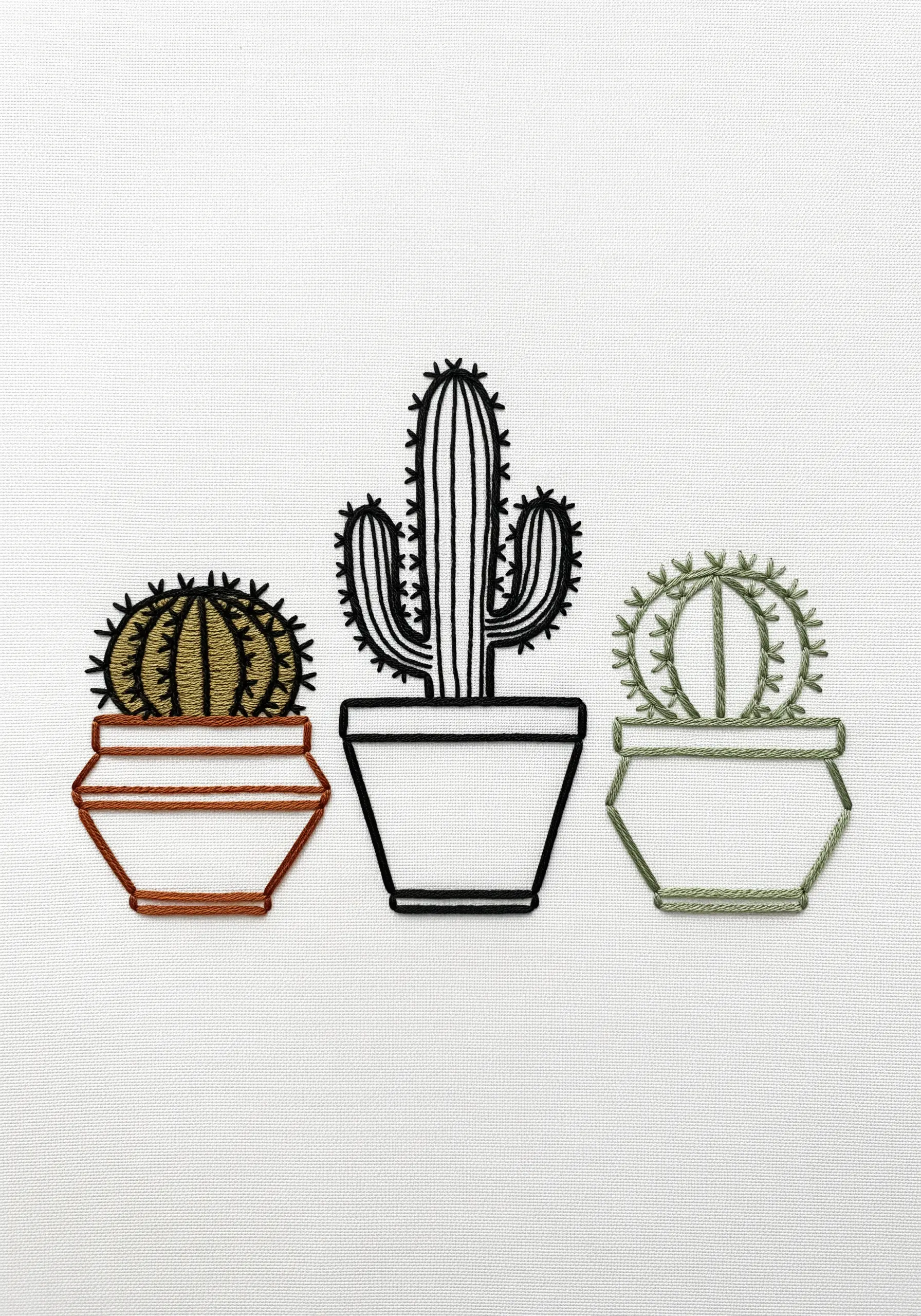 Trio of potted cacti embroidery using outlines and internal patterns