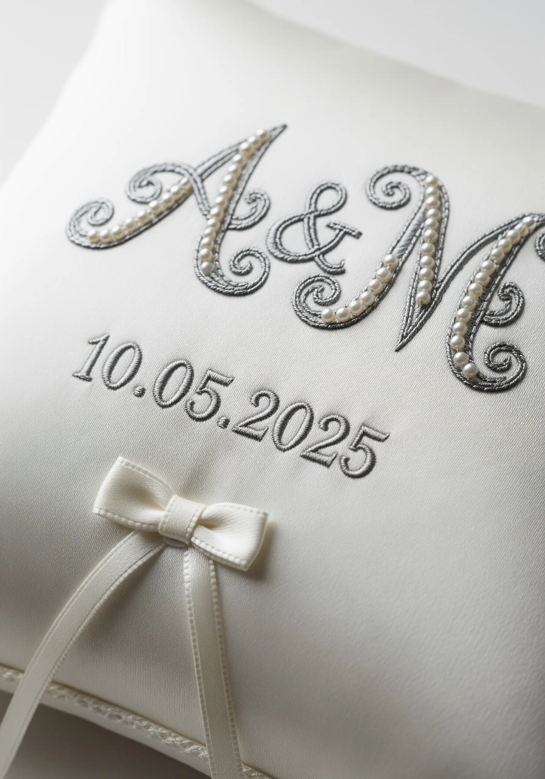 White wedding ring pillow with pearl beaded initials A&M