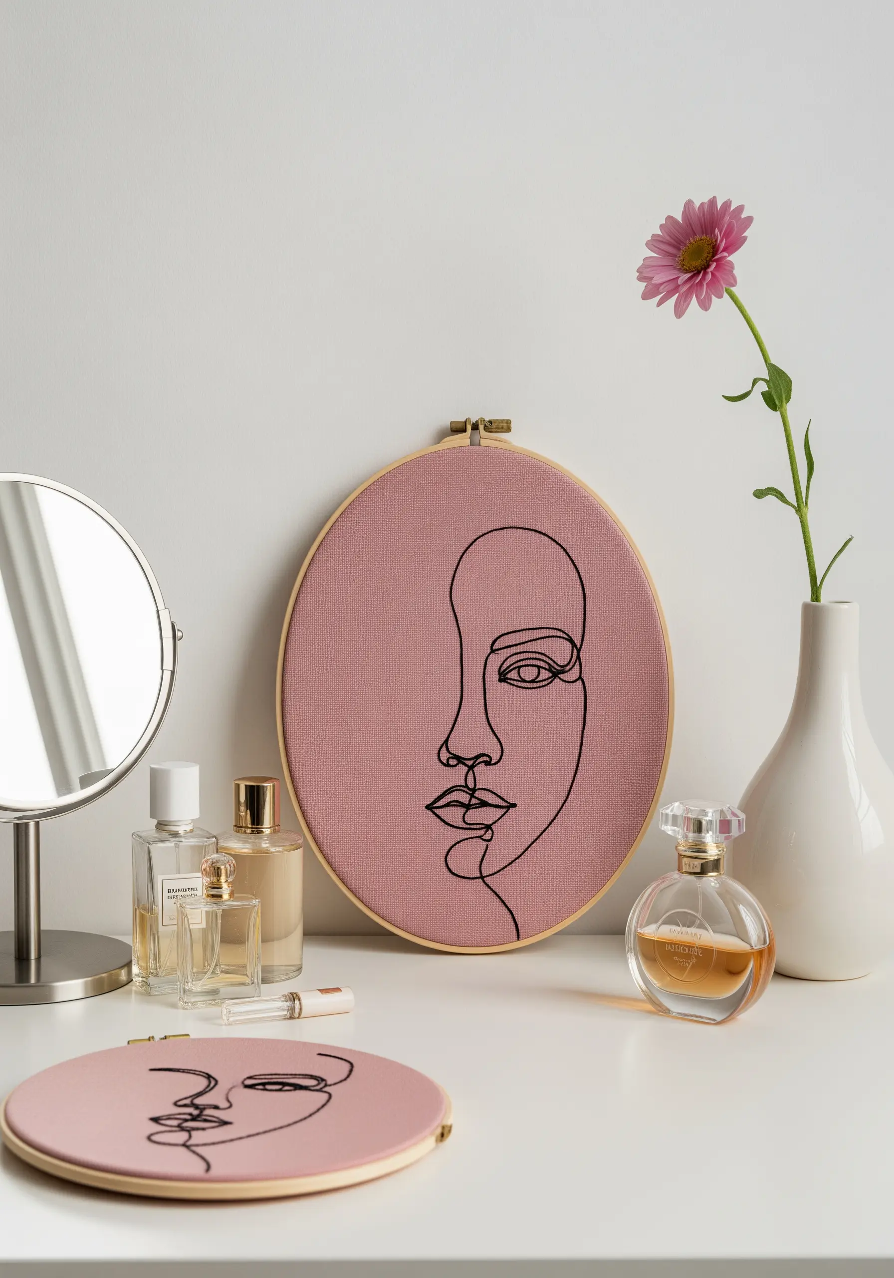 A minimal line art portrait of a face, stitched in black thread on a dusty pink fabric hoop.