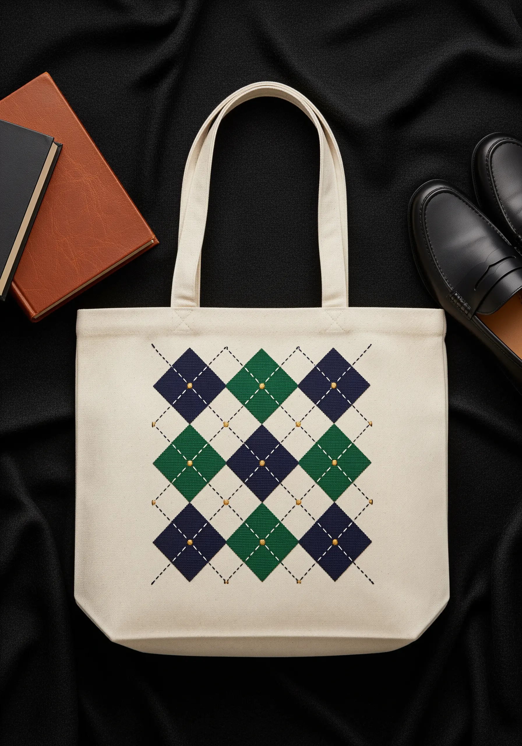 A classic argyle pattern in green and navy blue satin stitch on a canvas tote bag.