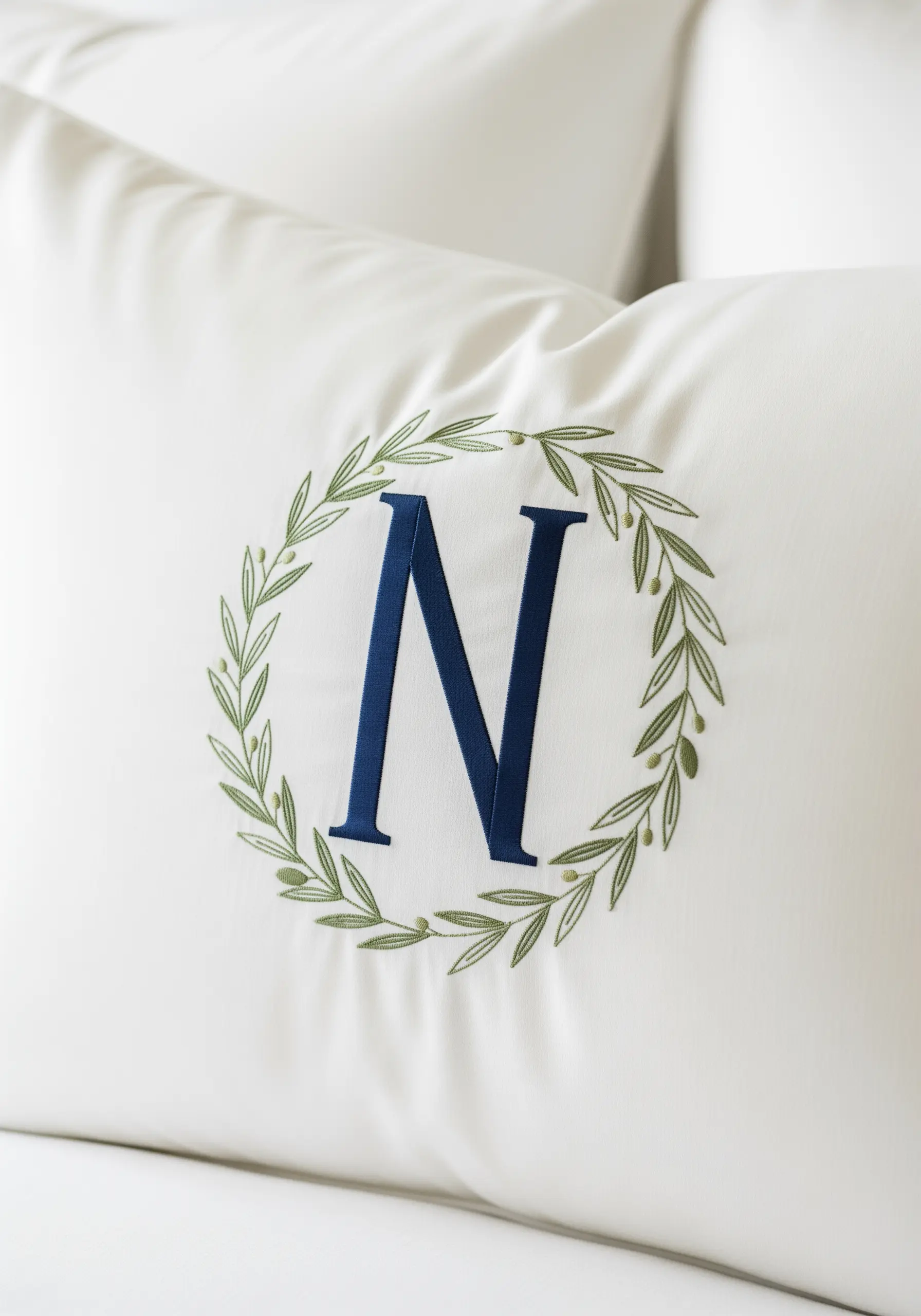 A classic navy blue 'N' monogram with a delicate olive leaf wreath on a white pillowcase.
