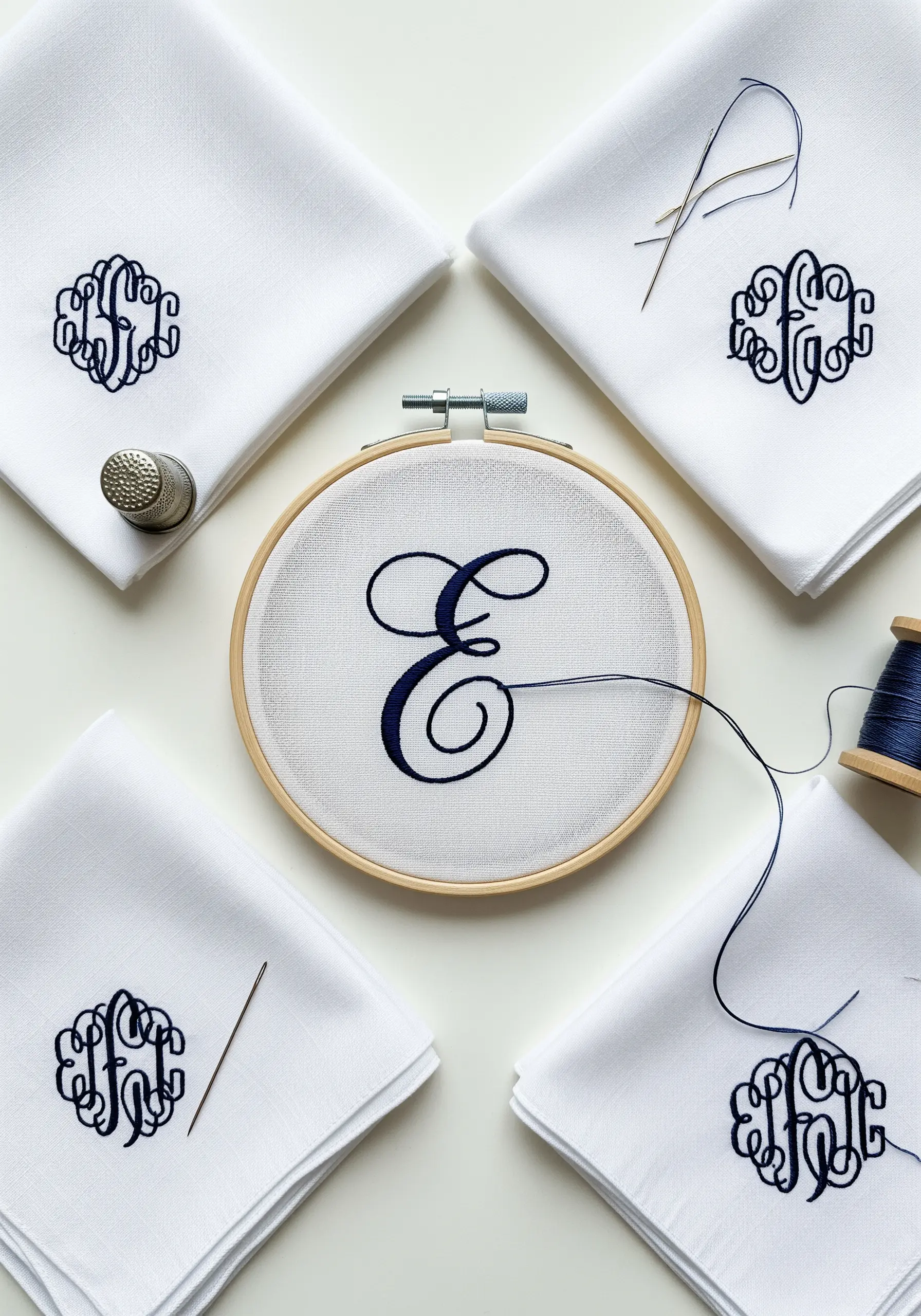 Elegant navy blue monograms stitched on crisp white handkerchiefs.