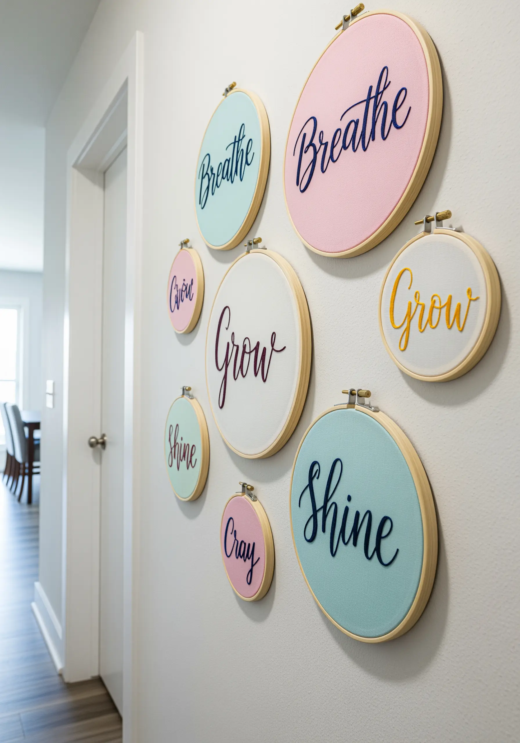A gallery wall of embroidery hoops with inspirational words in script lettering on colorful backgrounds.