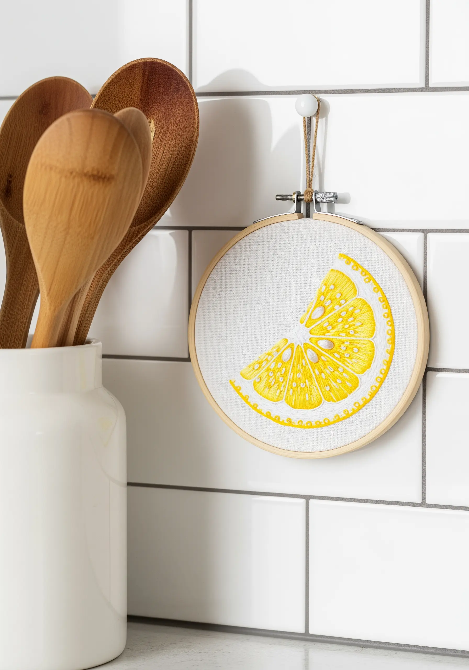 A bright yellow lemon slice embroidered with precise satin stitches.