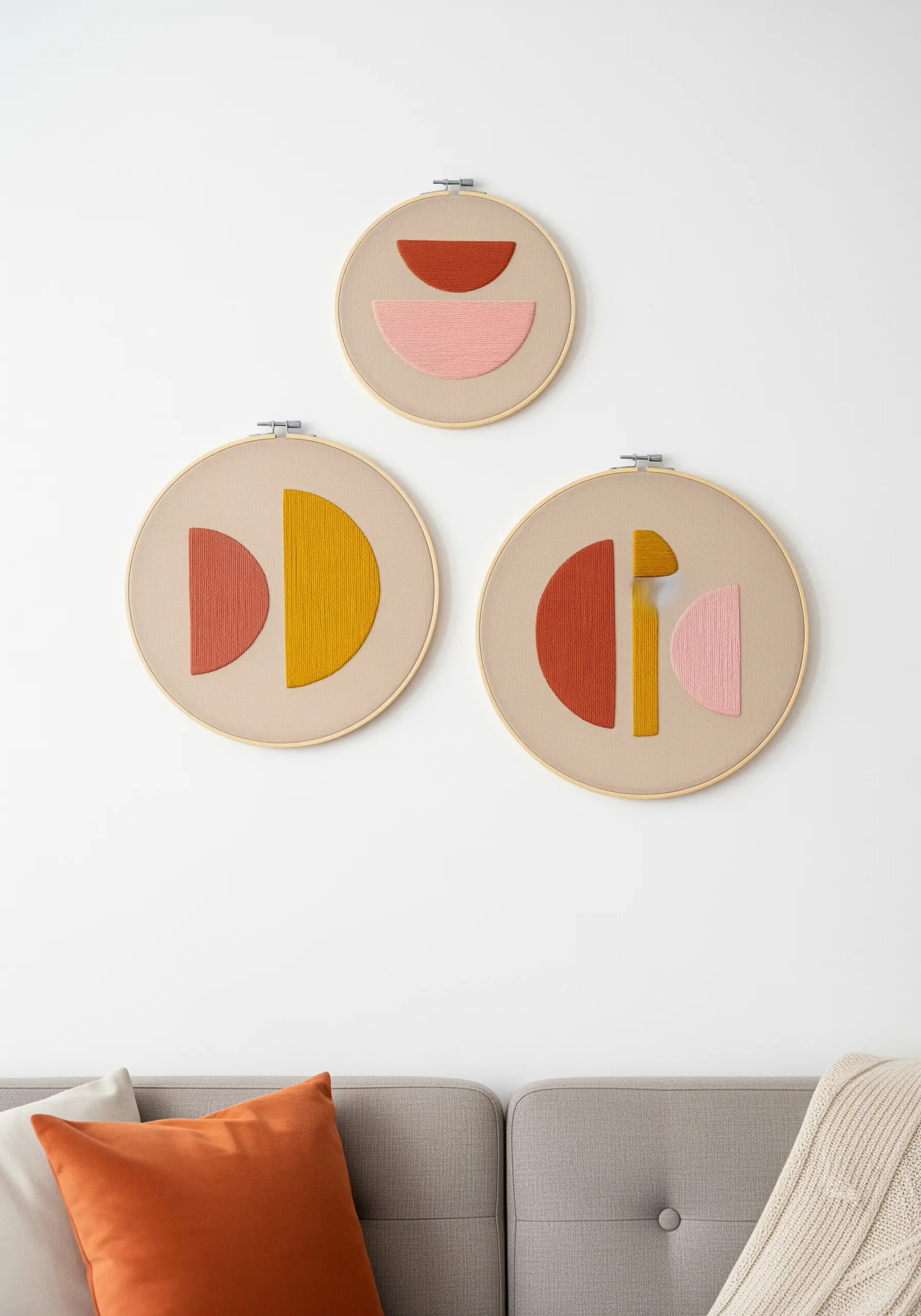 A trio of hoops with abstract, color-blocked shapes in earthy tones like pink and ochre.