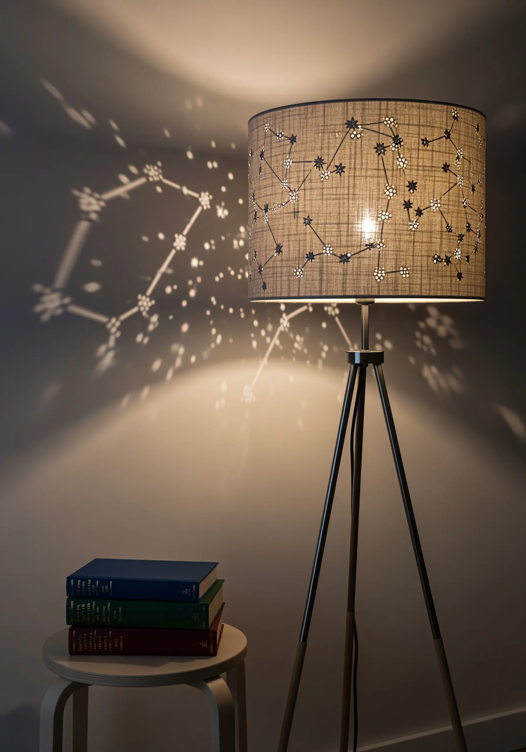 Constellation embroidery pattern on a grey drum lampshade