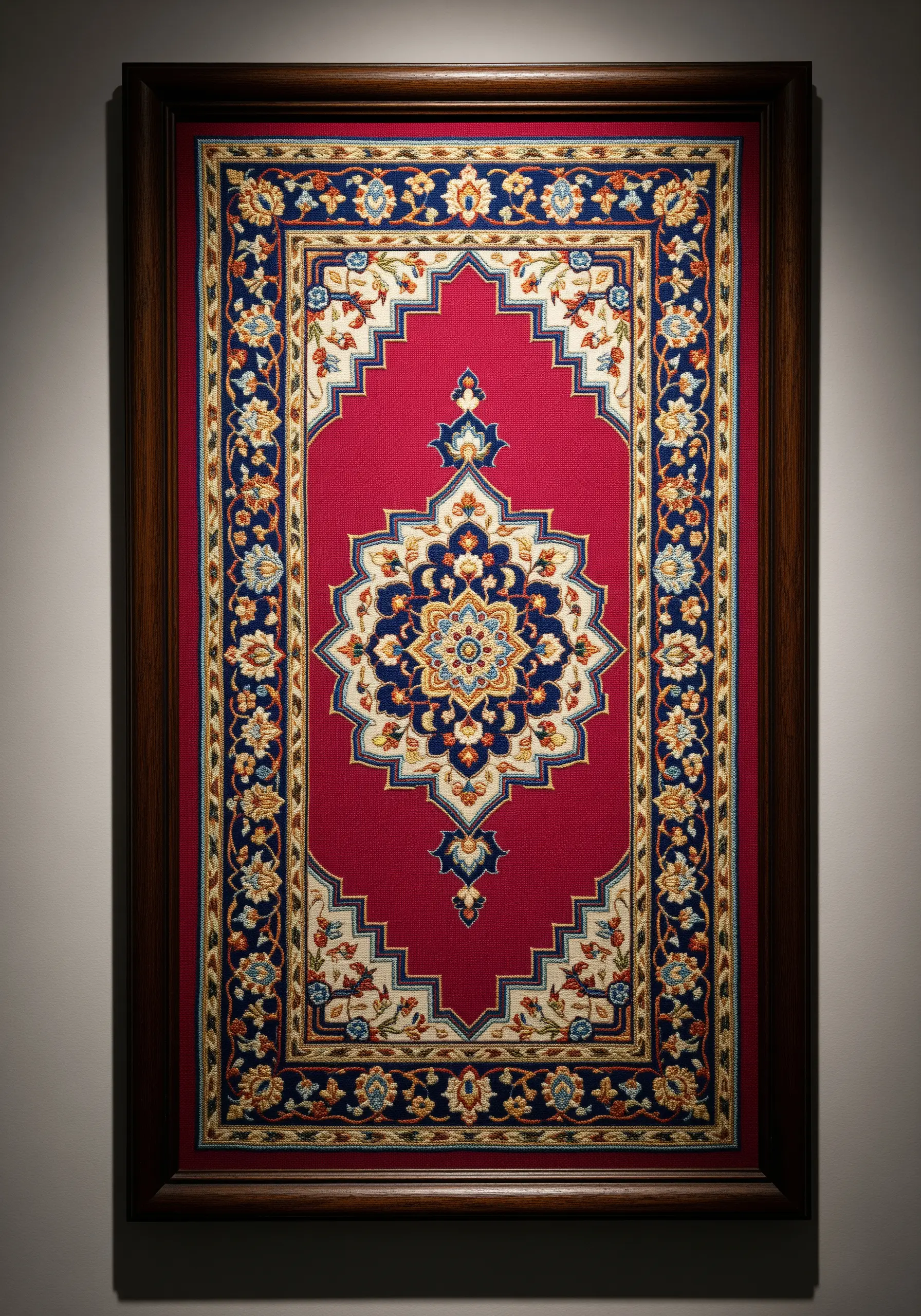 An intricately embroidered Persian rug design framed as wall art.