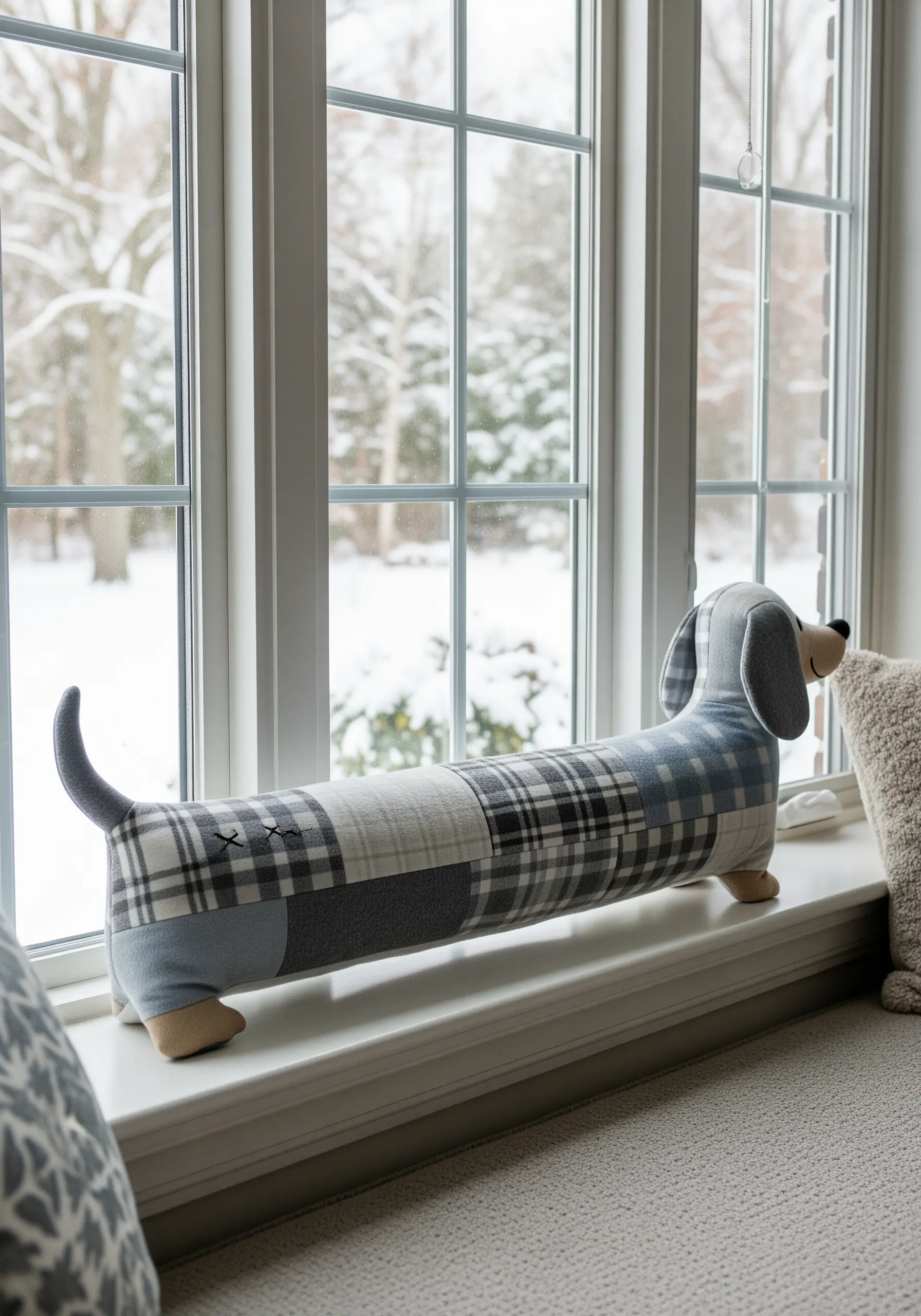 A sewn dachshund draft stopper made of blue and gray plaid fabric on a windowsill.
