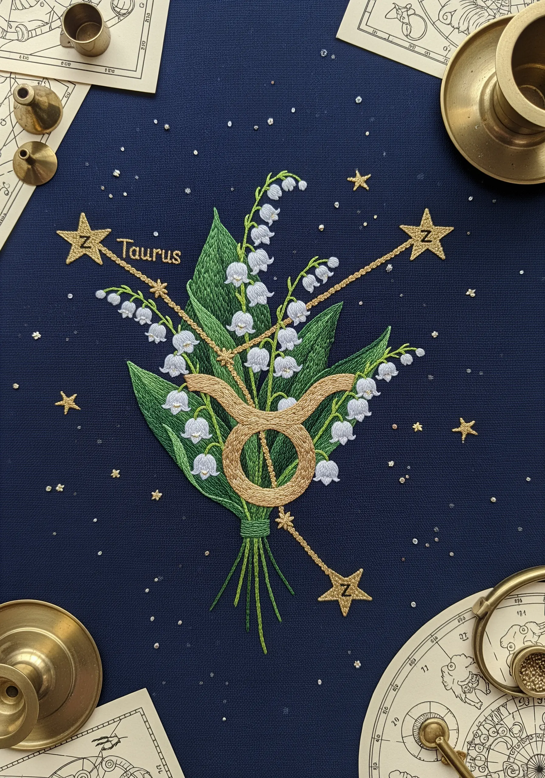 An embroidered bouquet of lily of the valley with the Taurus zodiac constellation in gold thread.