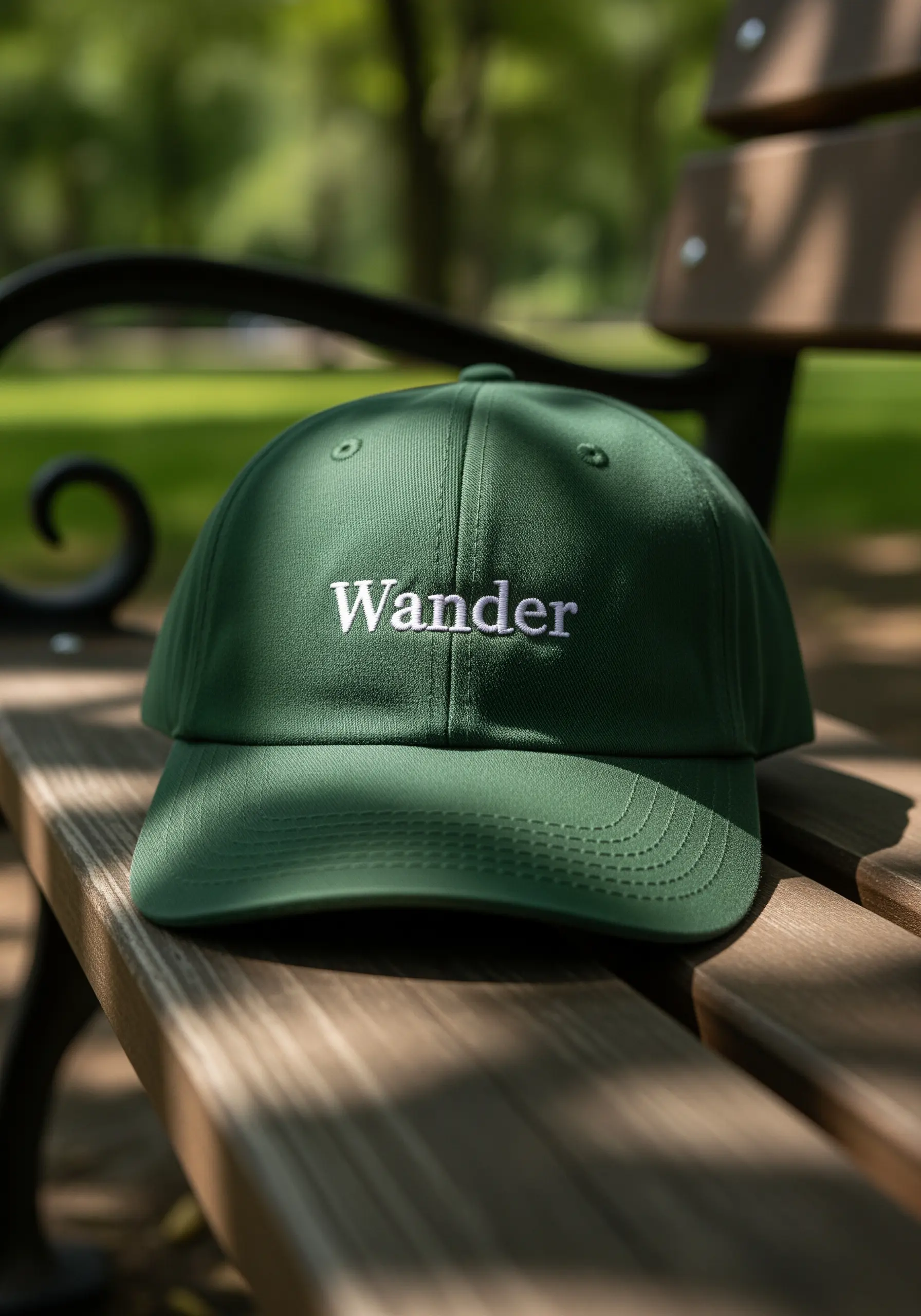 A dark green baseball cap with the word 'Wander' embroidered in a clean, white font.