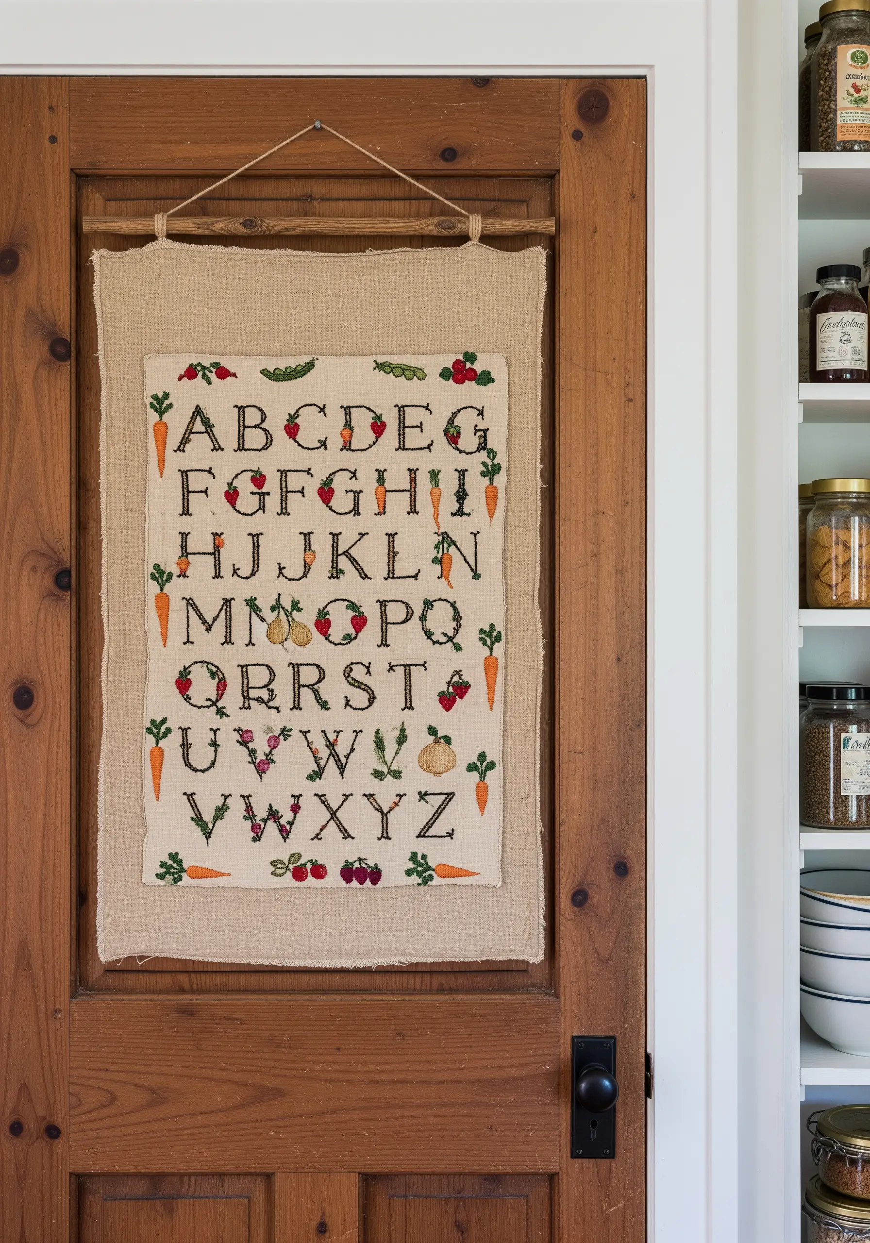 An embroidered alphabet sampler with tiny vegetables decorating the letters.