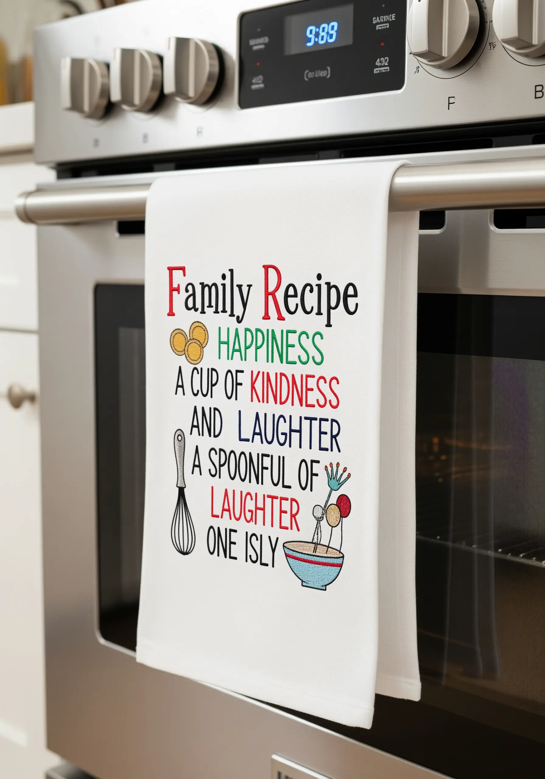 Embroidered tea towel with a 'Family Recipe for Happiness' text.