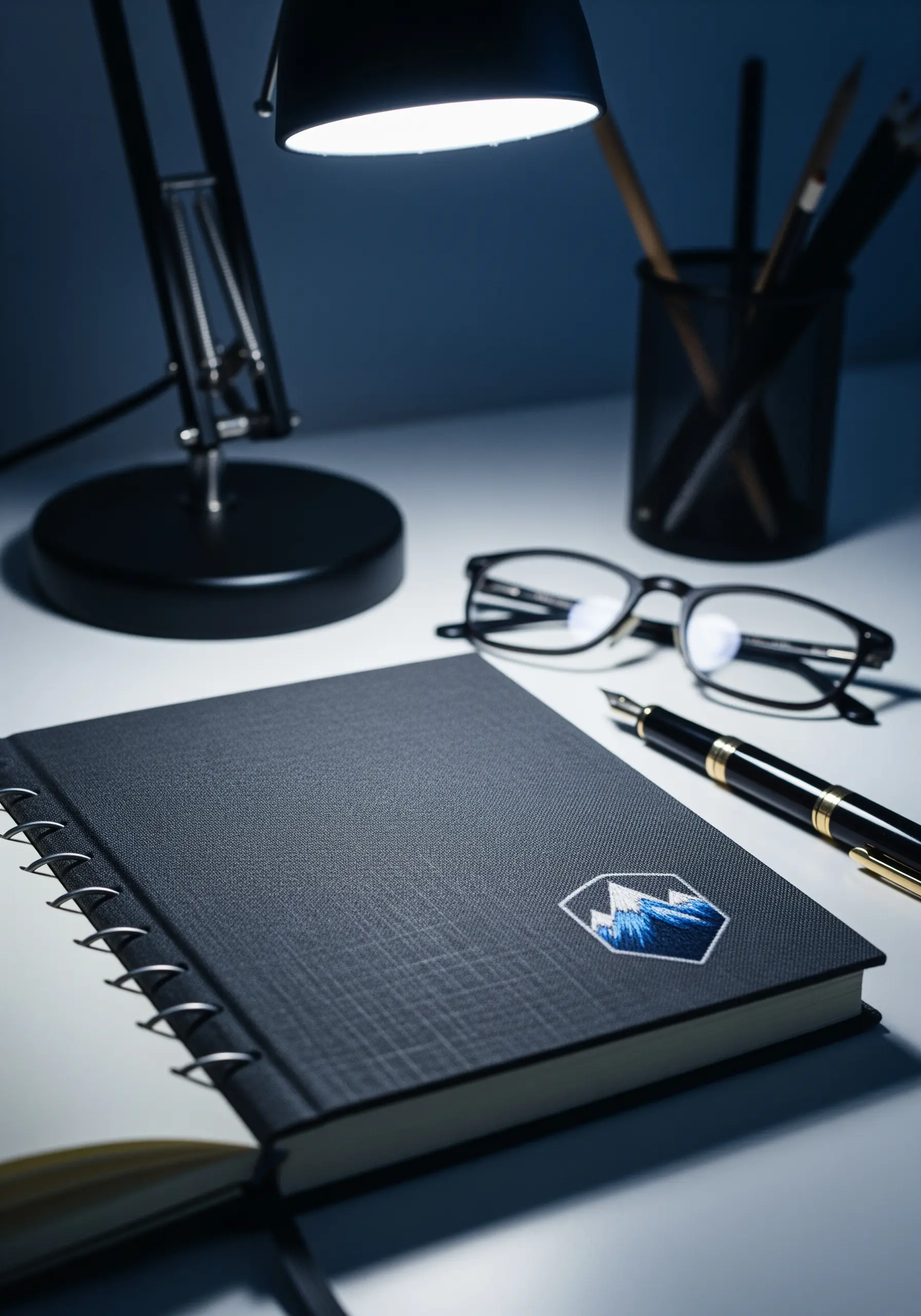 An embroidered mountain landscape patch on the cover of a black notebook.