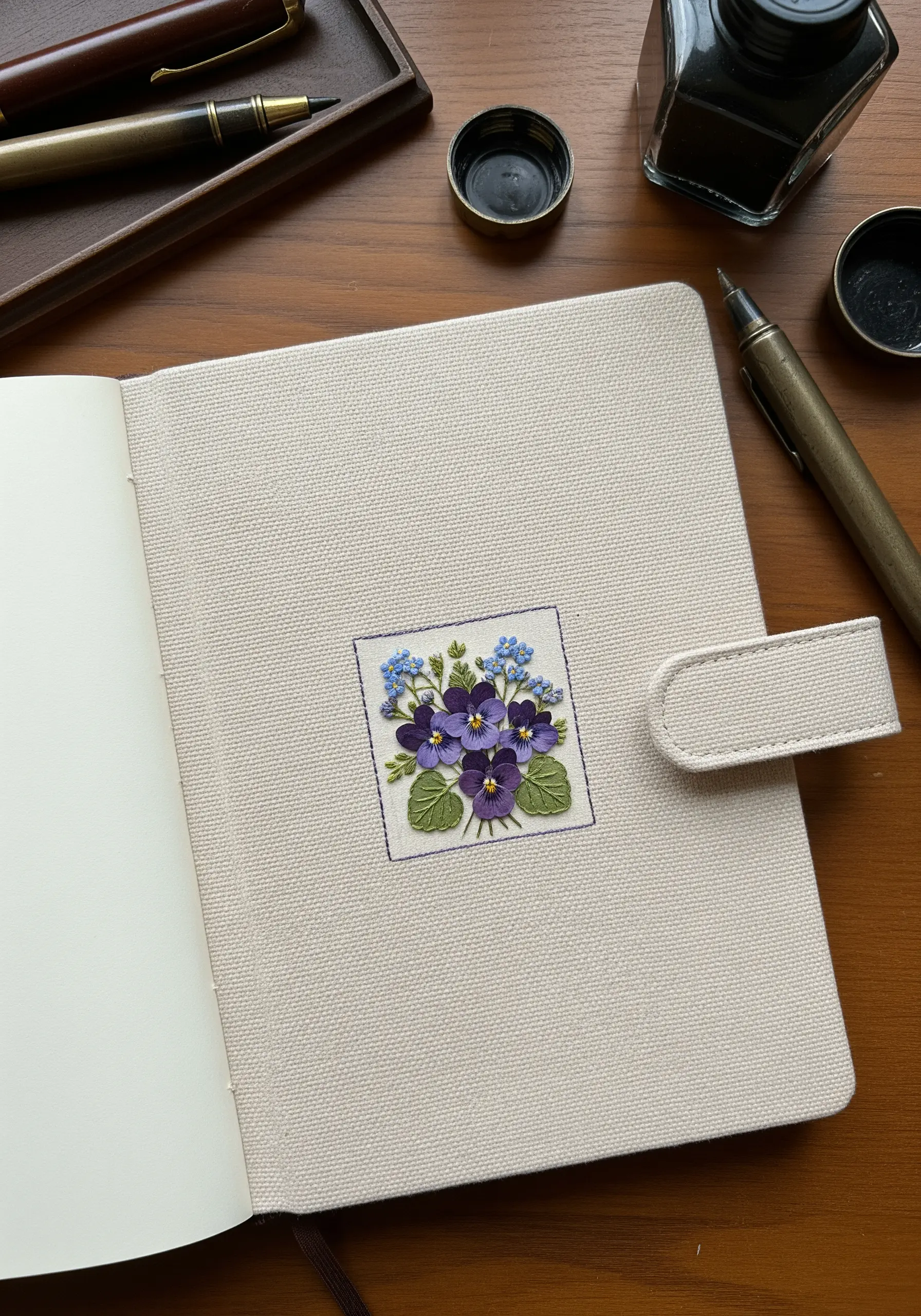 A small, detailed embroidered patch of purple violets on a canvas journal cover.