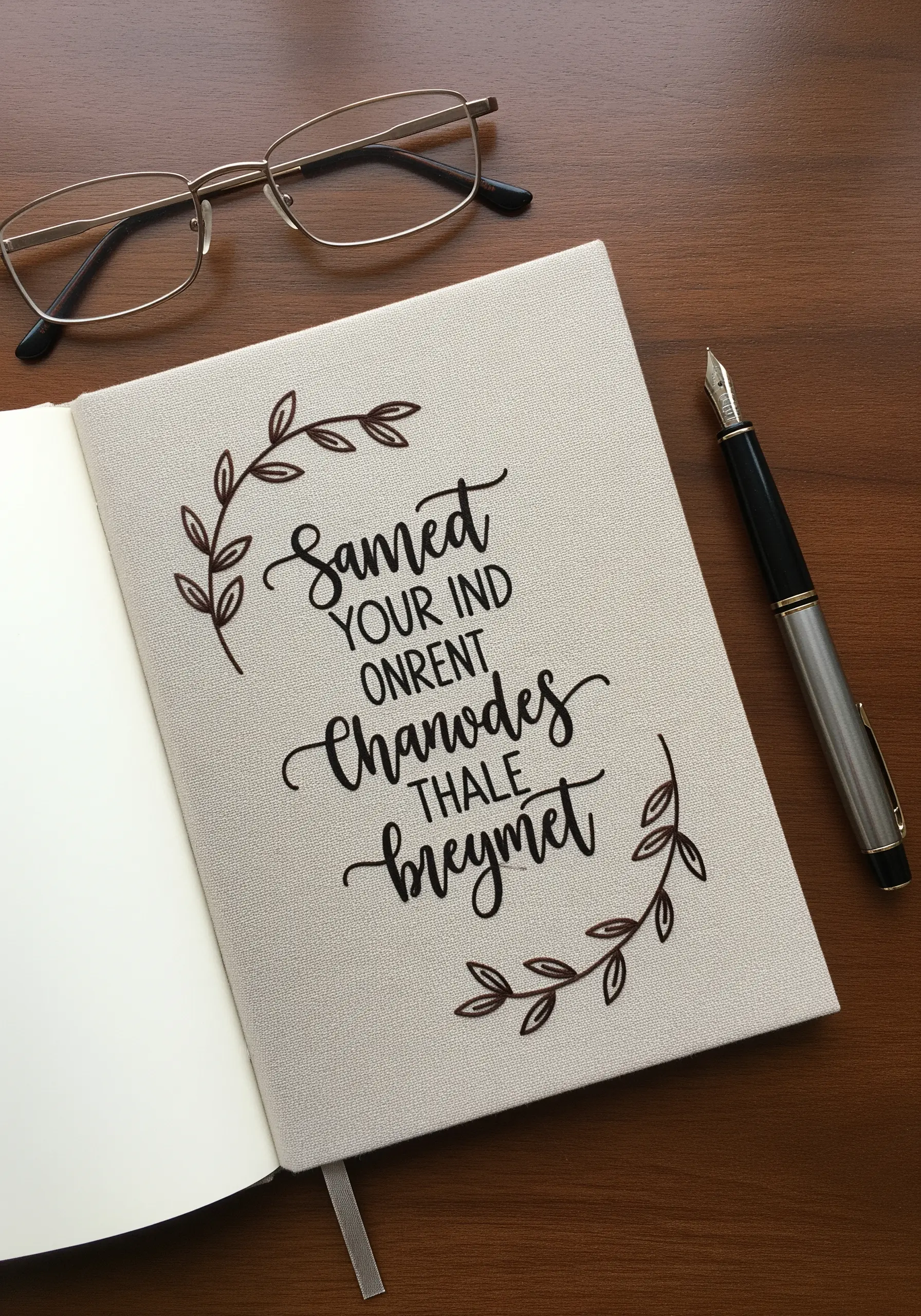 A gray fabric journal with an embroidered quote in elegant black script.