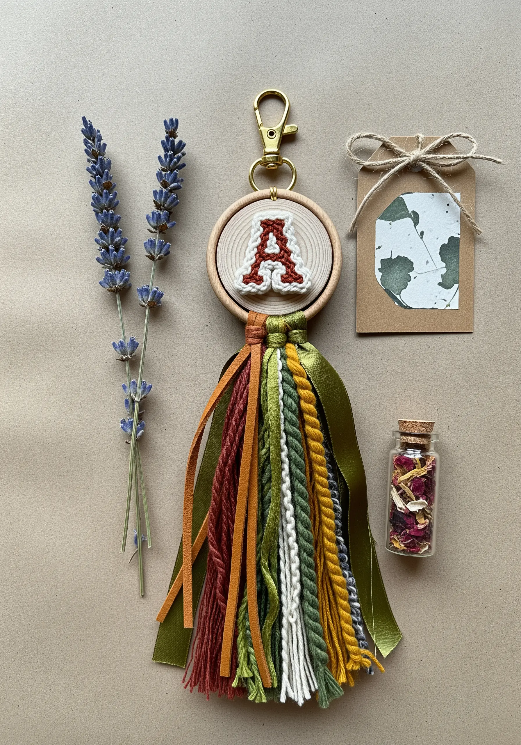 Keychain with a mini embroidery hoop initial and a multi-colored, mixed-fiber tassel.