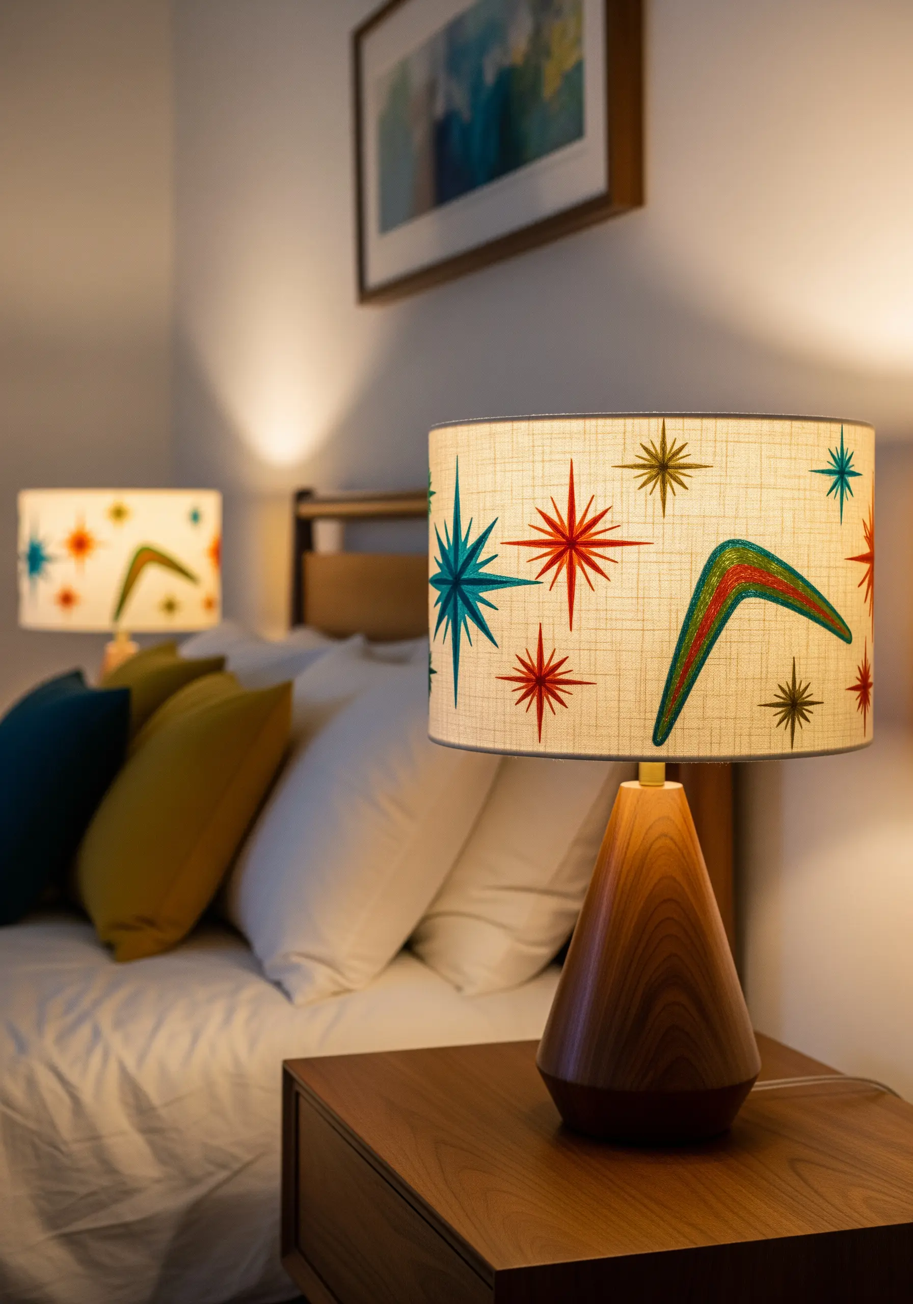 A mid-century modern lampshade embroidered with colorful retro starbursts and boomerangs.