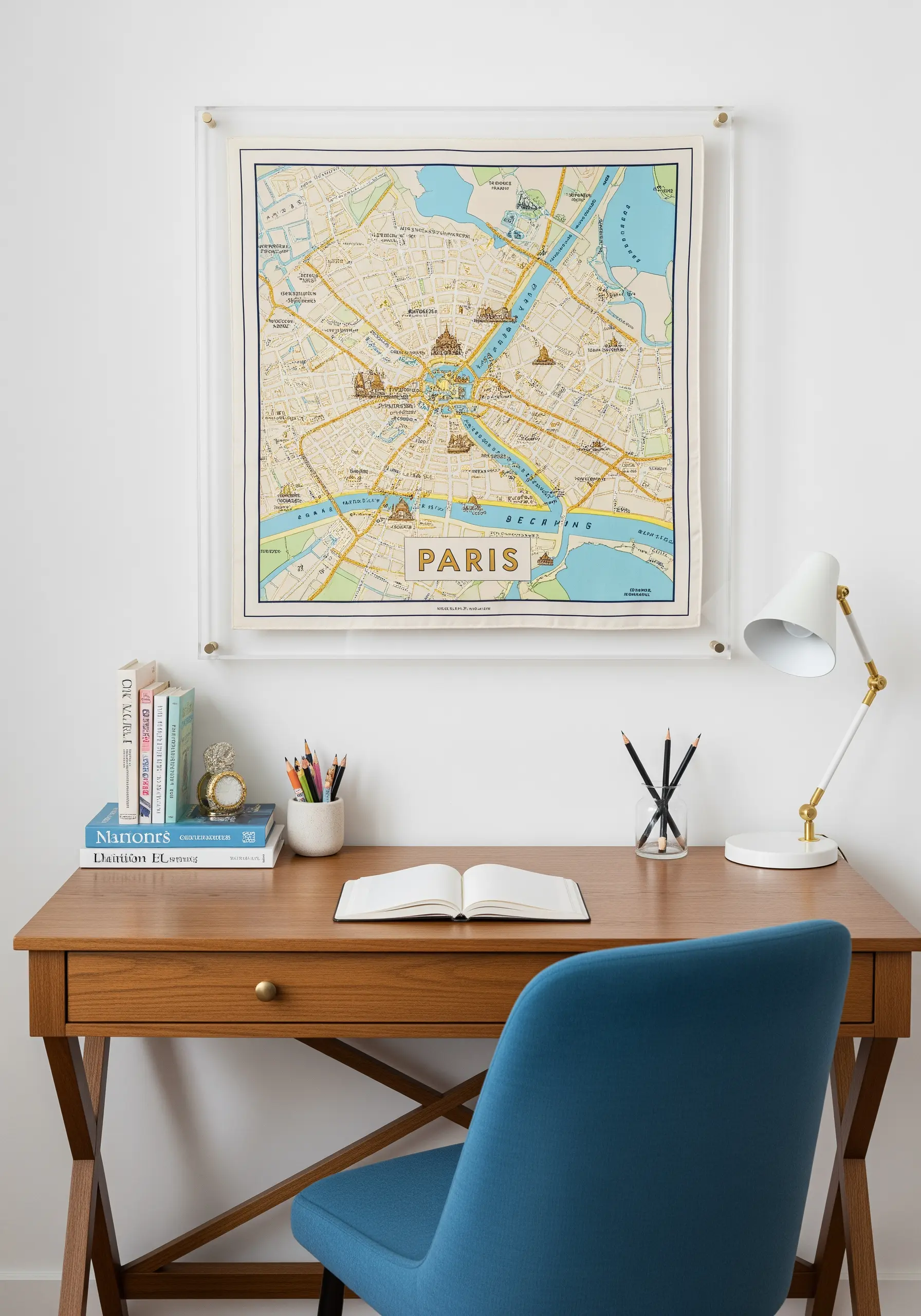 A printed map of Paris framed in a clear acrylic frame above a desk.