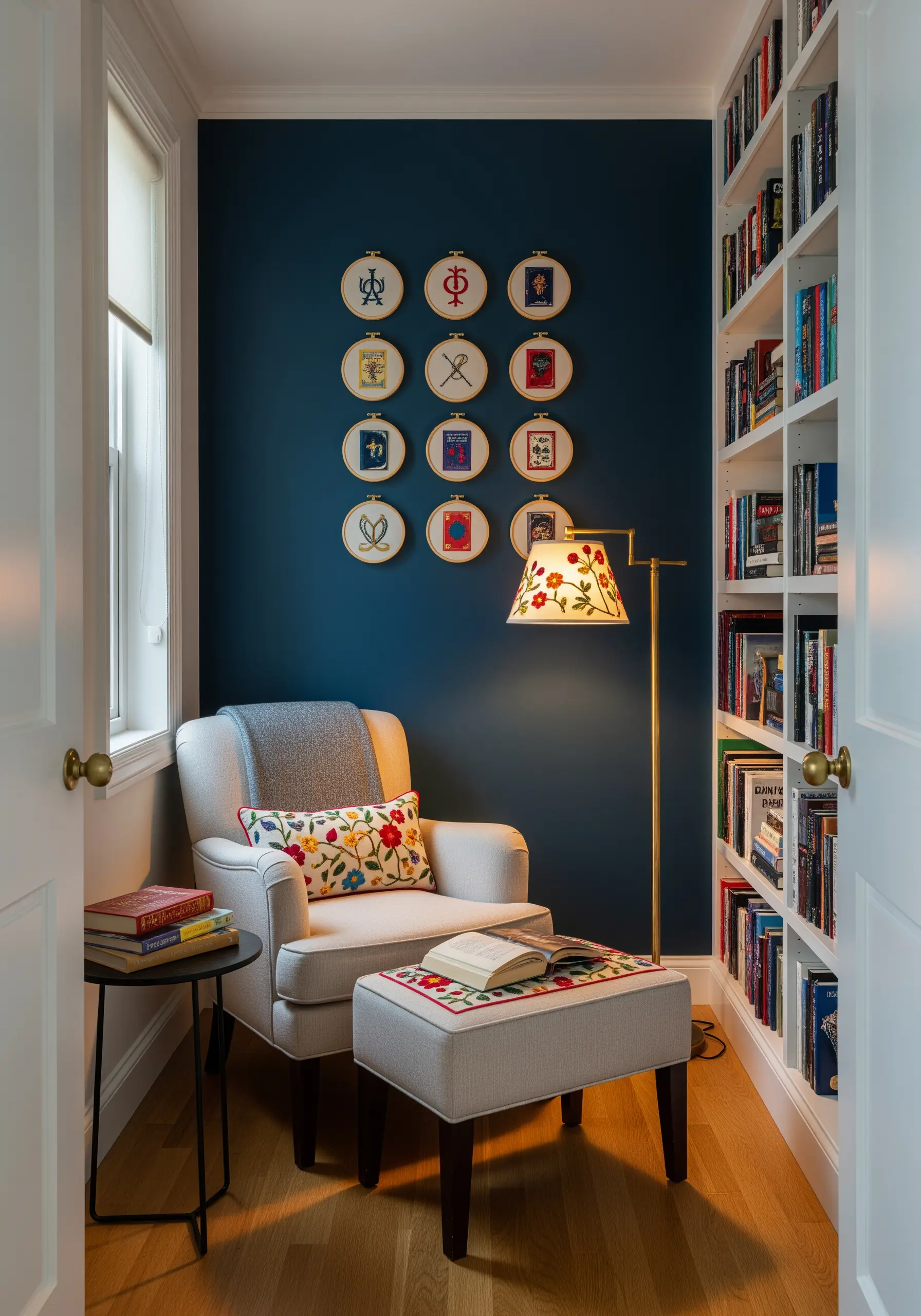 A grid of embroidery hoops with book-themed designs on a dark blue wall.