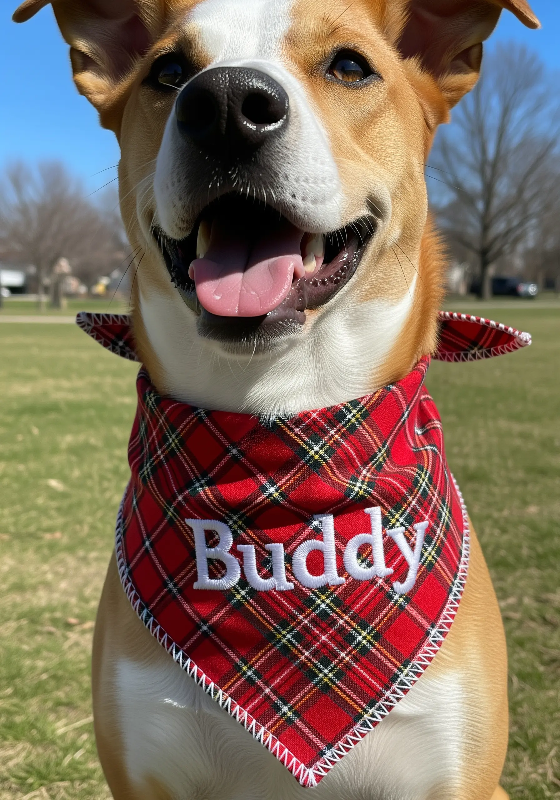 A dog wearing a red plaid bandana with its name, 'Buddy,' embroidered in white with a border.